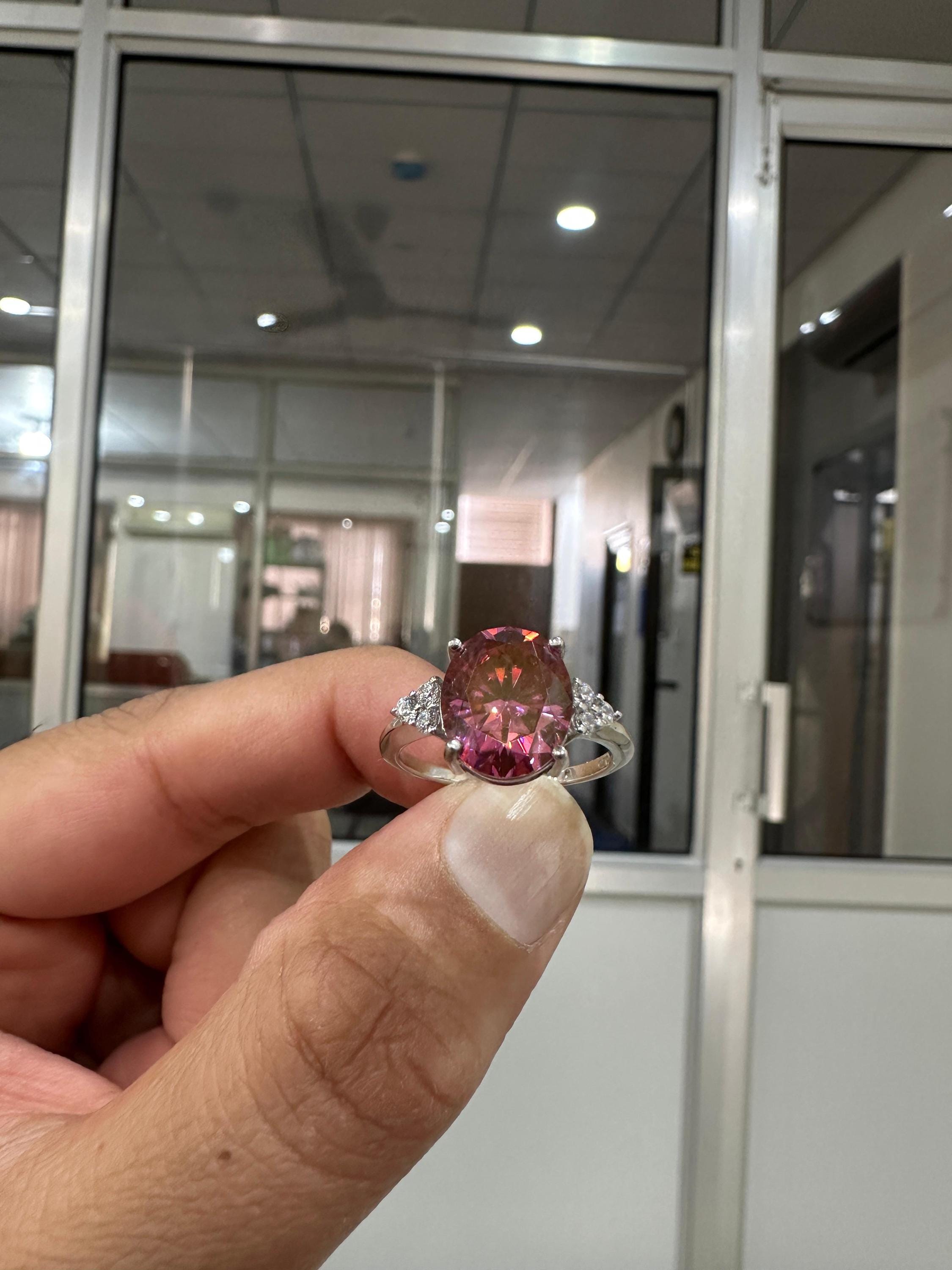 6 CT Oval Imperial Pink Moissanite Engagement Ring, 14K White Gold Three Stone Design