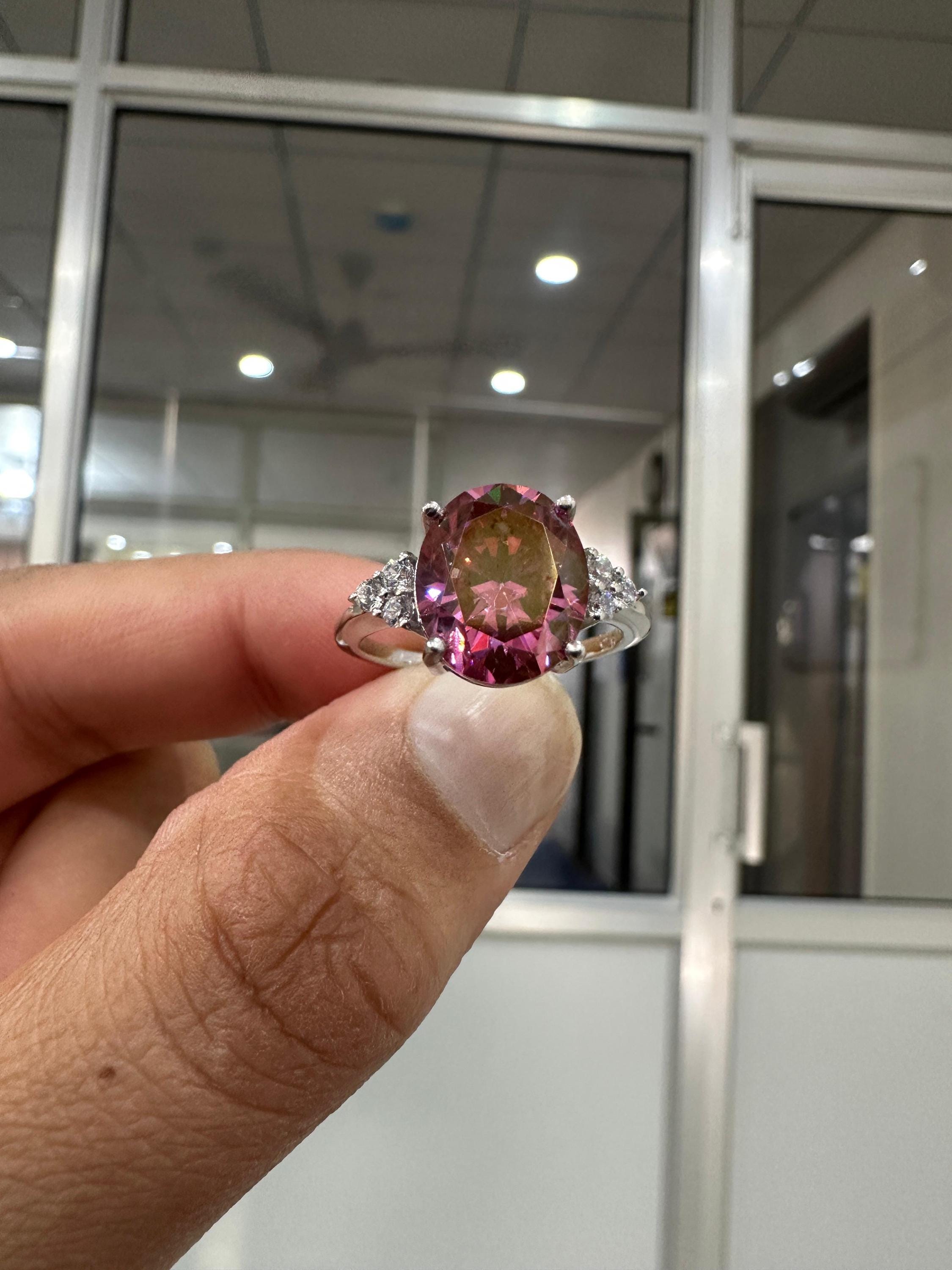 6 CT Oval Imperial Pink Moissanite Engagement Ring, 14K White Gold Three Stone Design