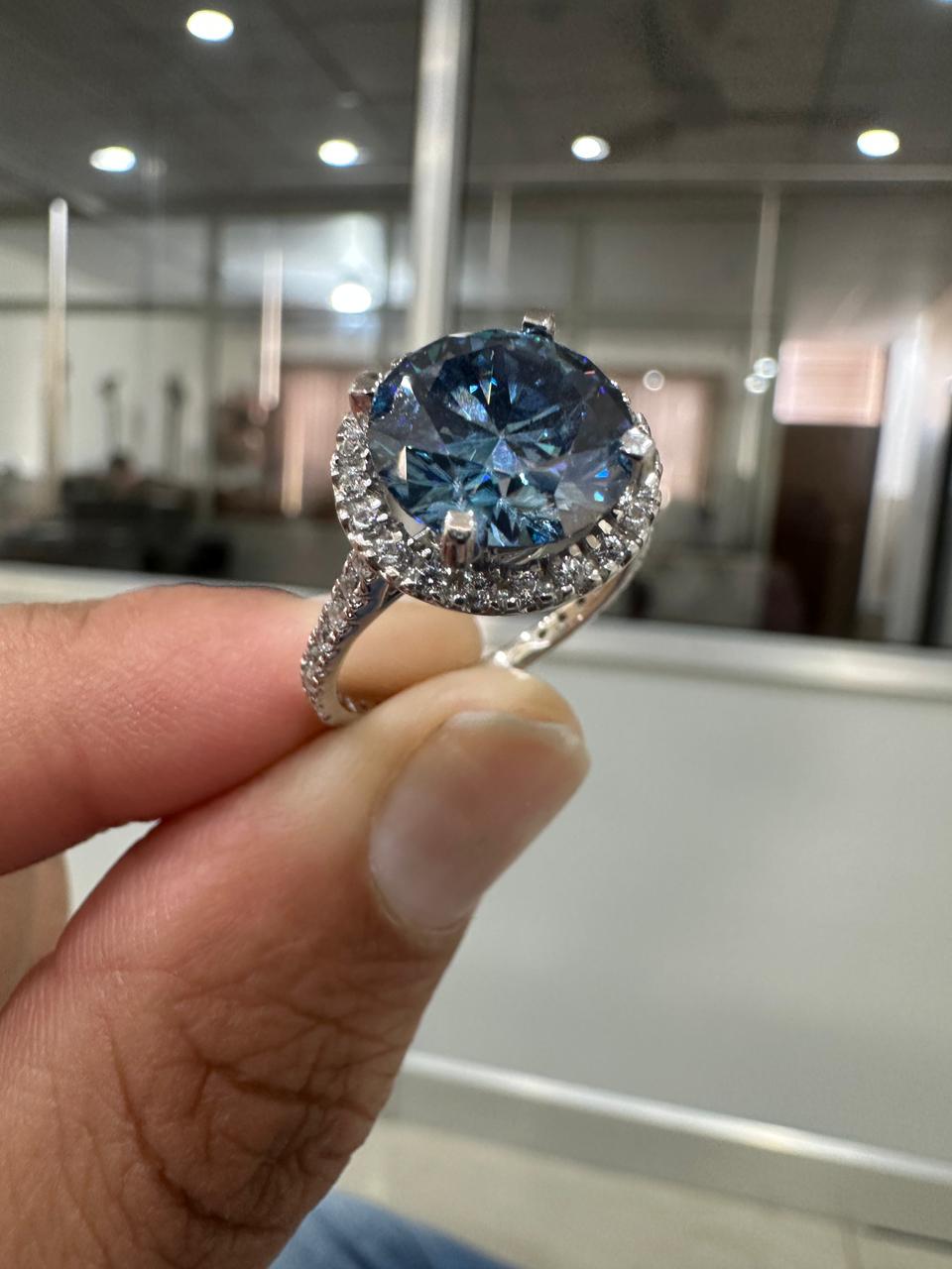 Blue Moissanite Engagement Ring | 14K White Gold Halo Pave Band, Gift for her