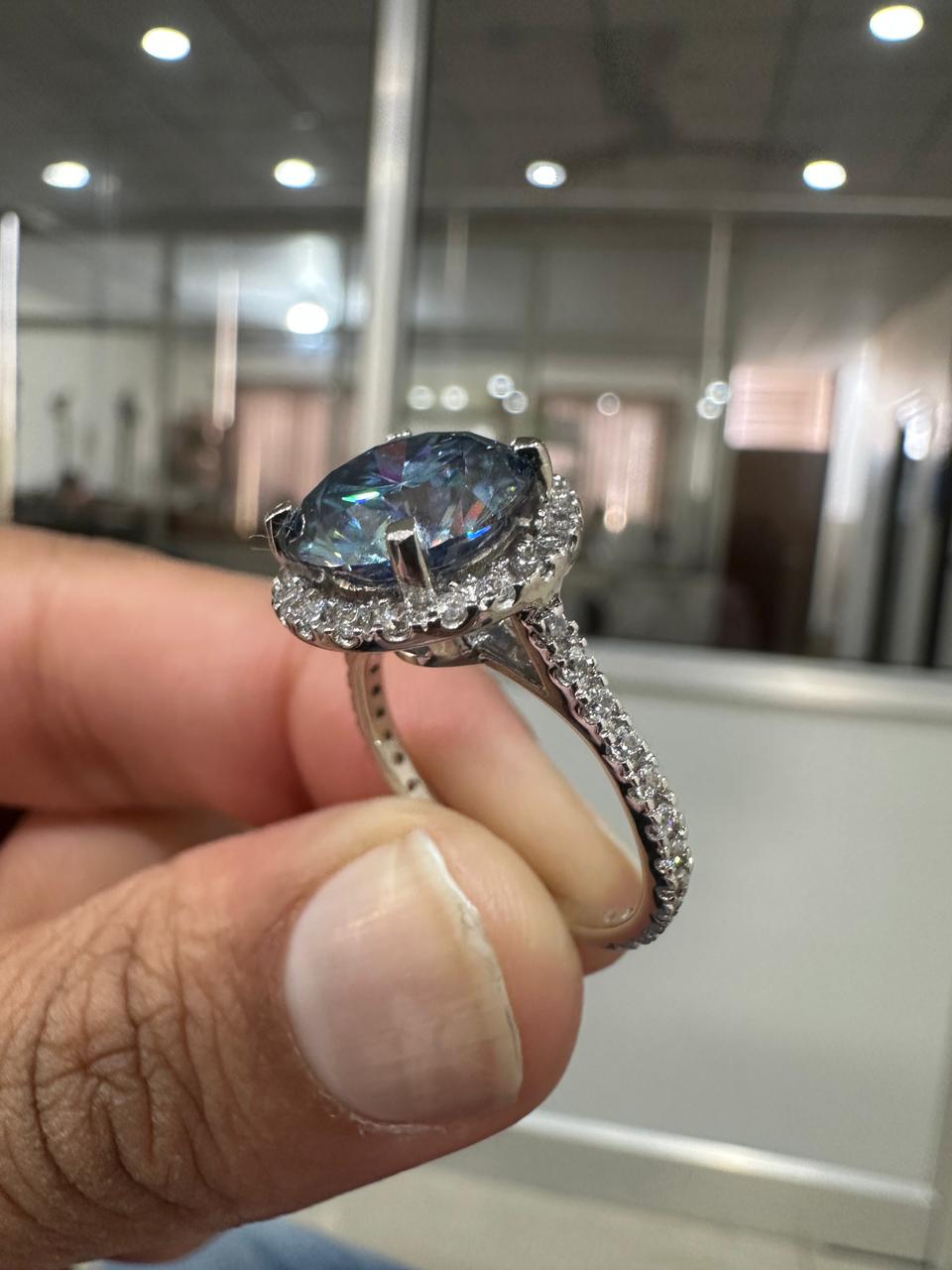 4 CT Blue Alexandrite Moissanite Engagement Ring | 14K White Gold Halo, Pave Band