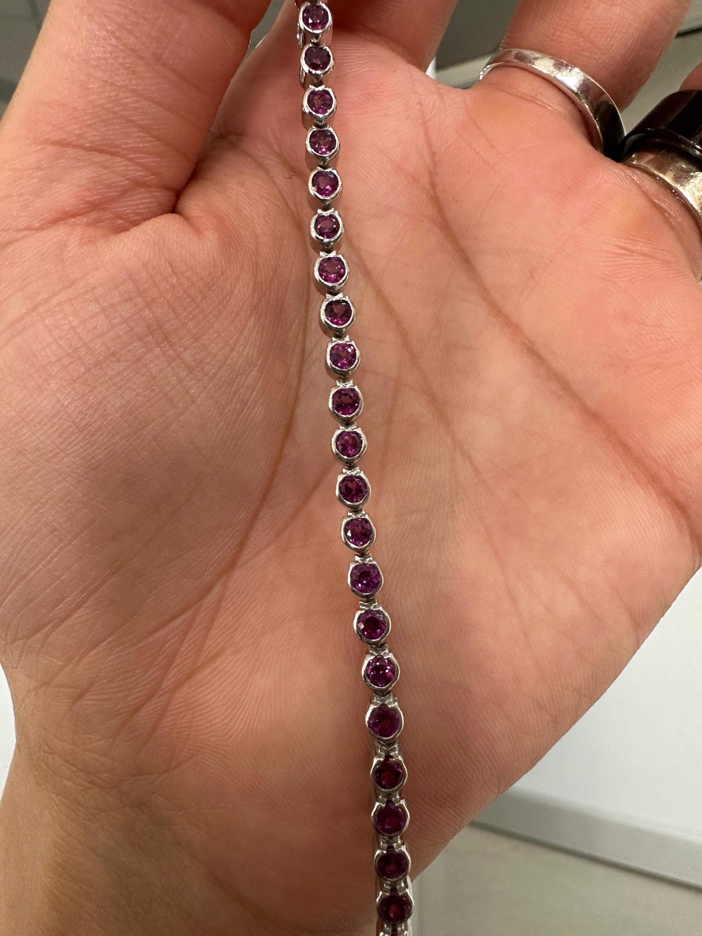 Pink Rhodolite Bezel Set Tennis Bracelet | 925 Sterling Silver | Fine Jewelry Gift