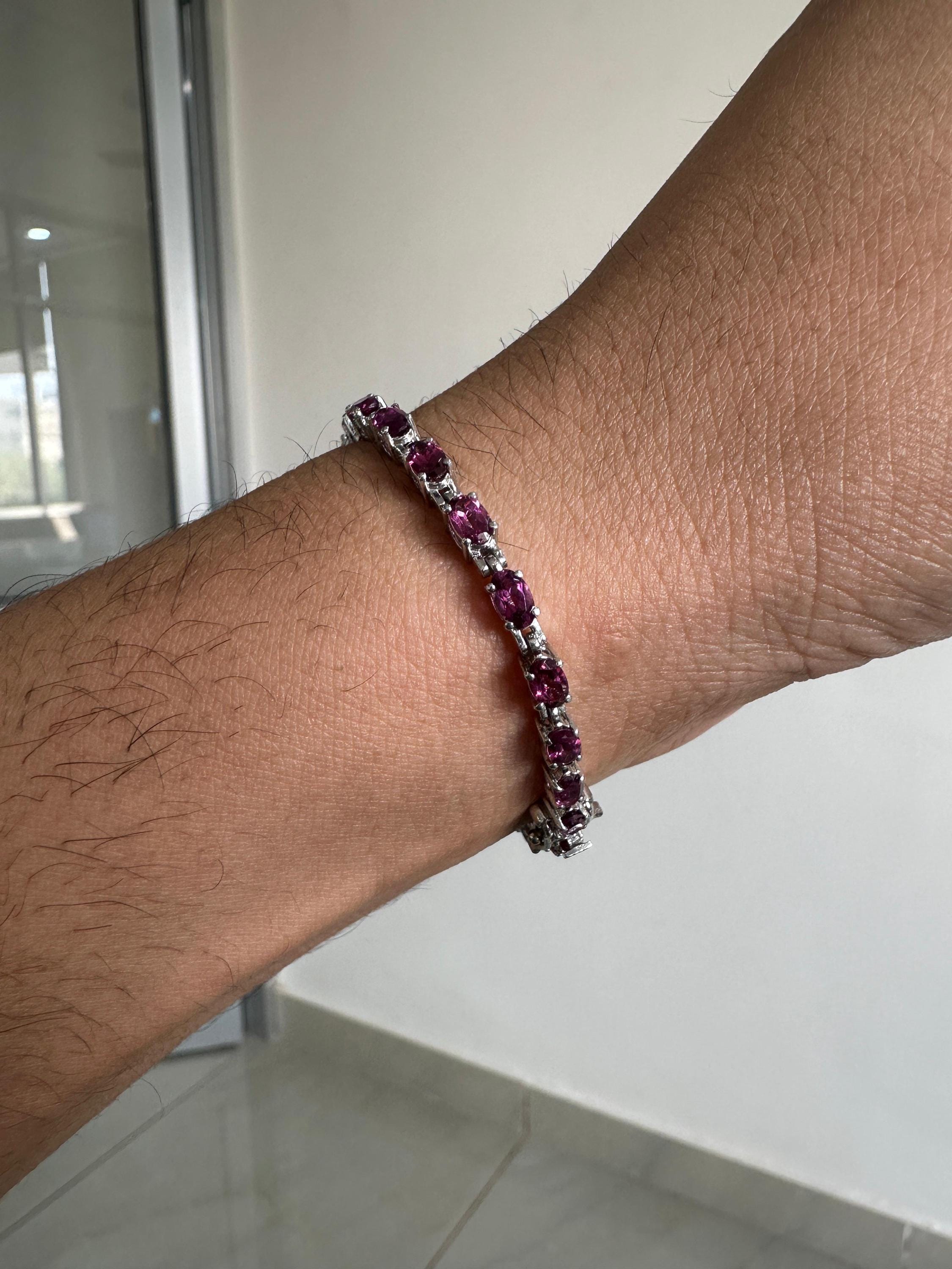 Raspberry Rhodolite Garnet Tennis Bracelet | 925 Sterling Silver, Luxury Gift for her