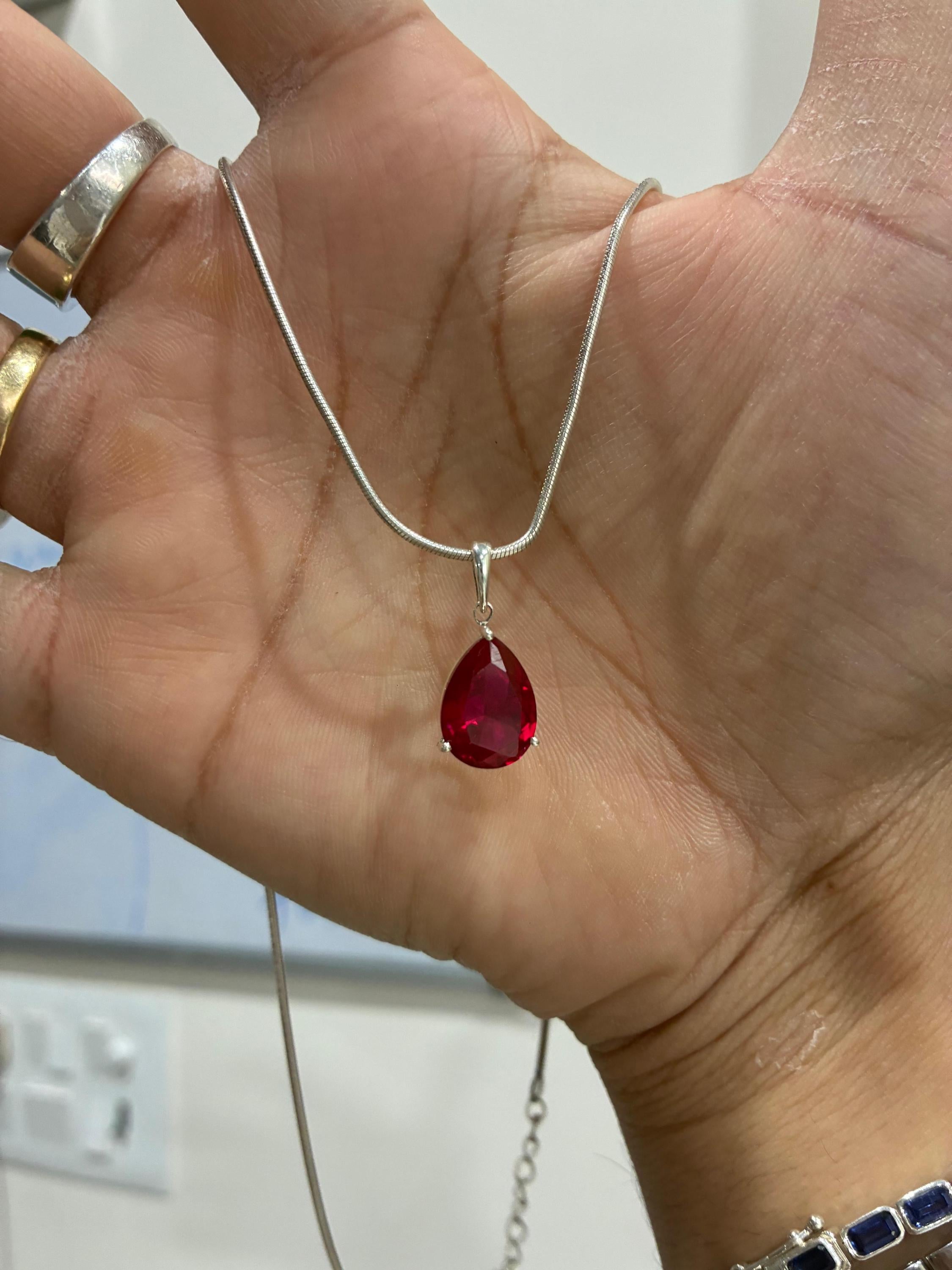 6 CT Pear Cut Ruby Pendant Necklace, 14K White Gold, July Birthstone Jewelry