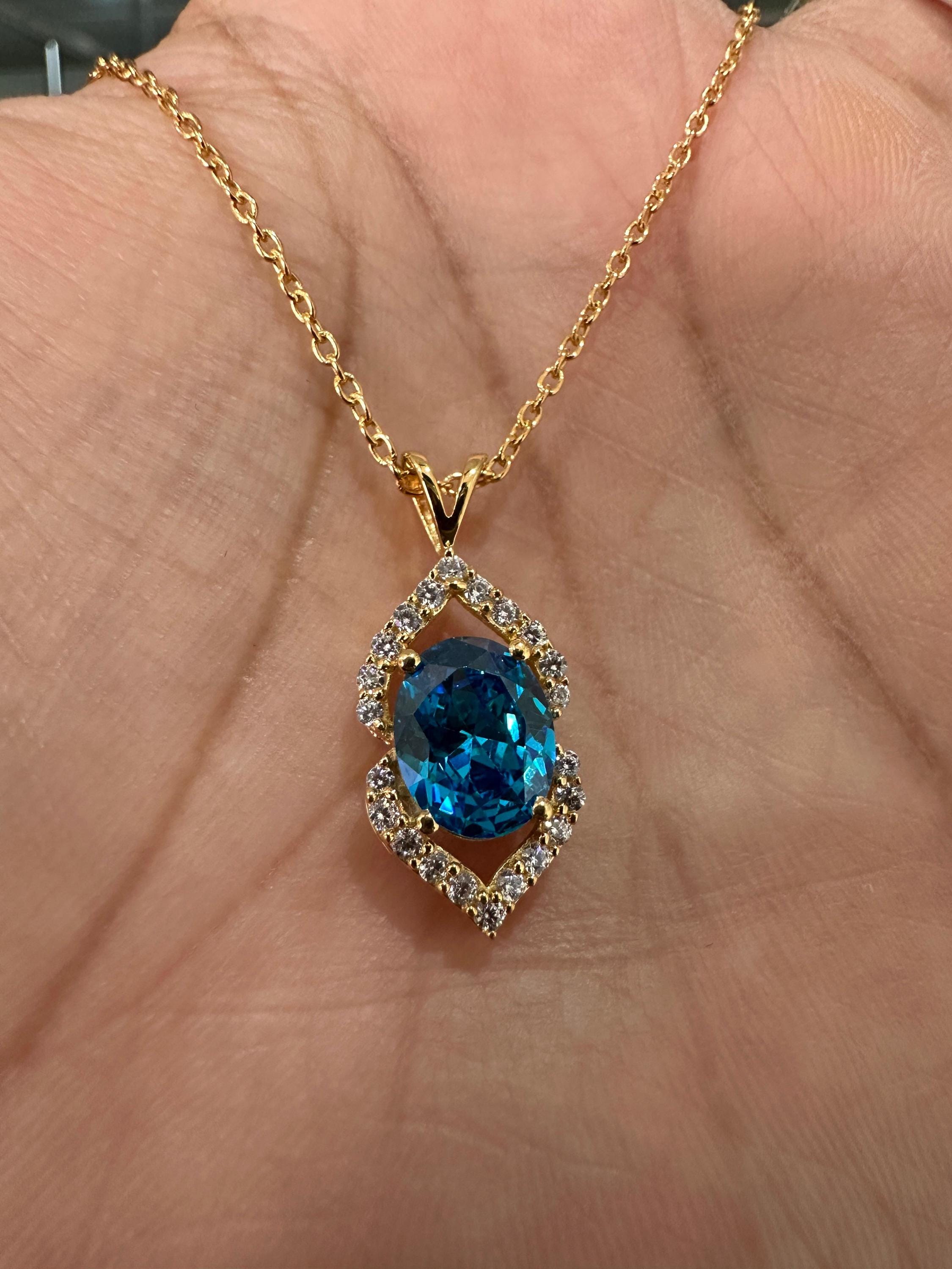 Blue Diamond Halo Pendant | 2CT Gold Finish 925 Sterling Silver