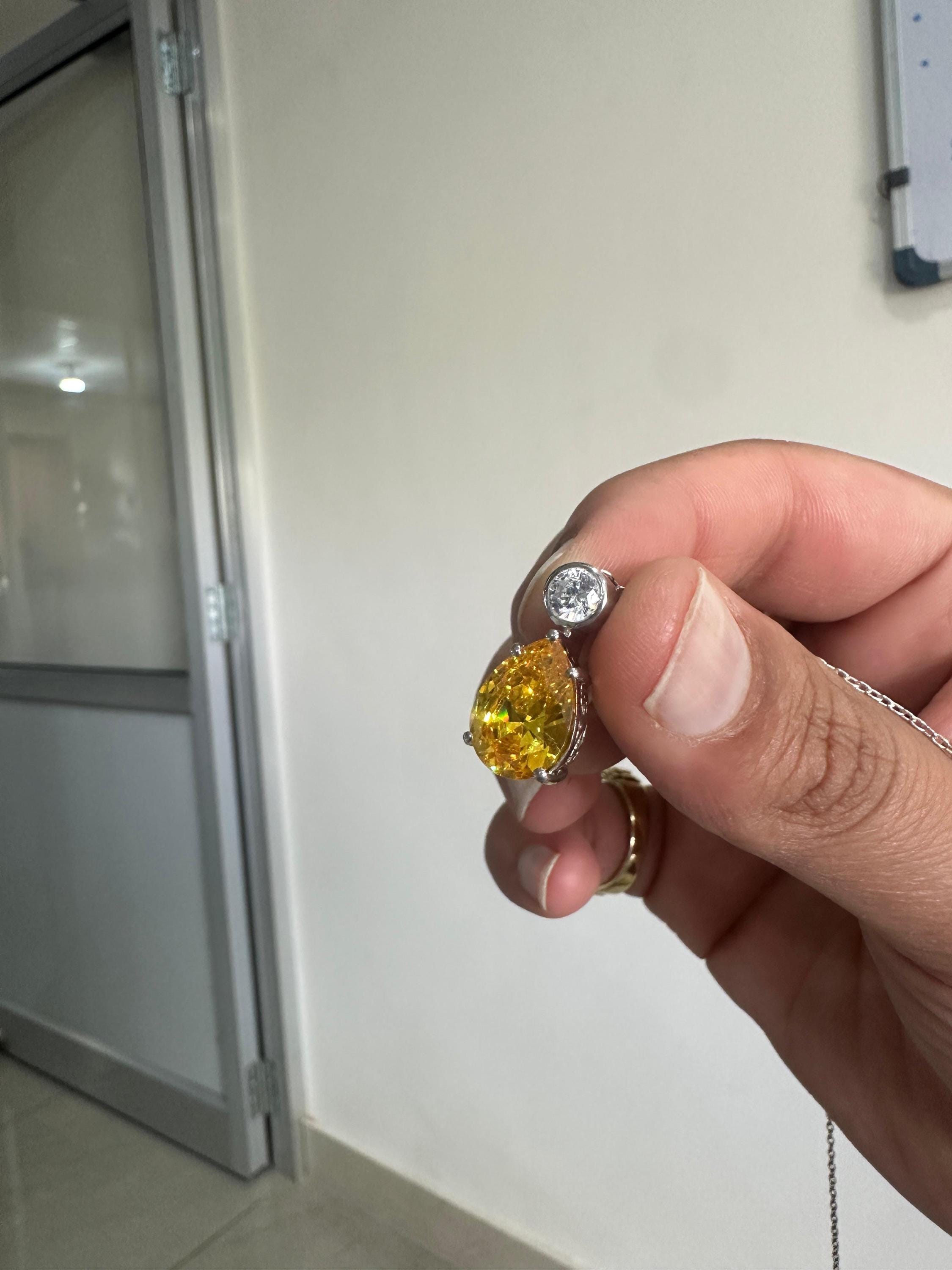 6CT Lab Yellow Diamond Pear Drop Pendant | Moissanite Accent, Platinum Finish