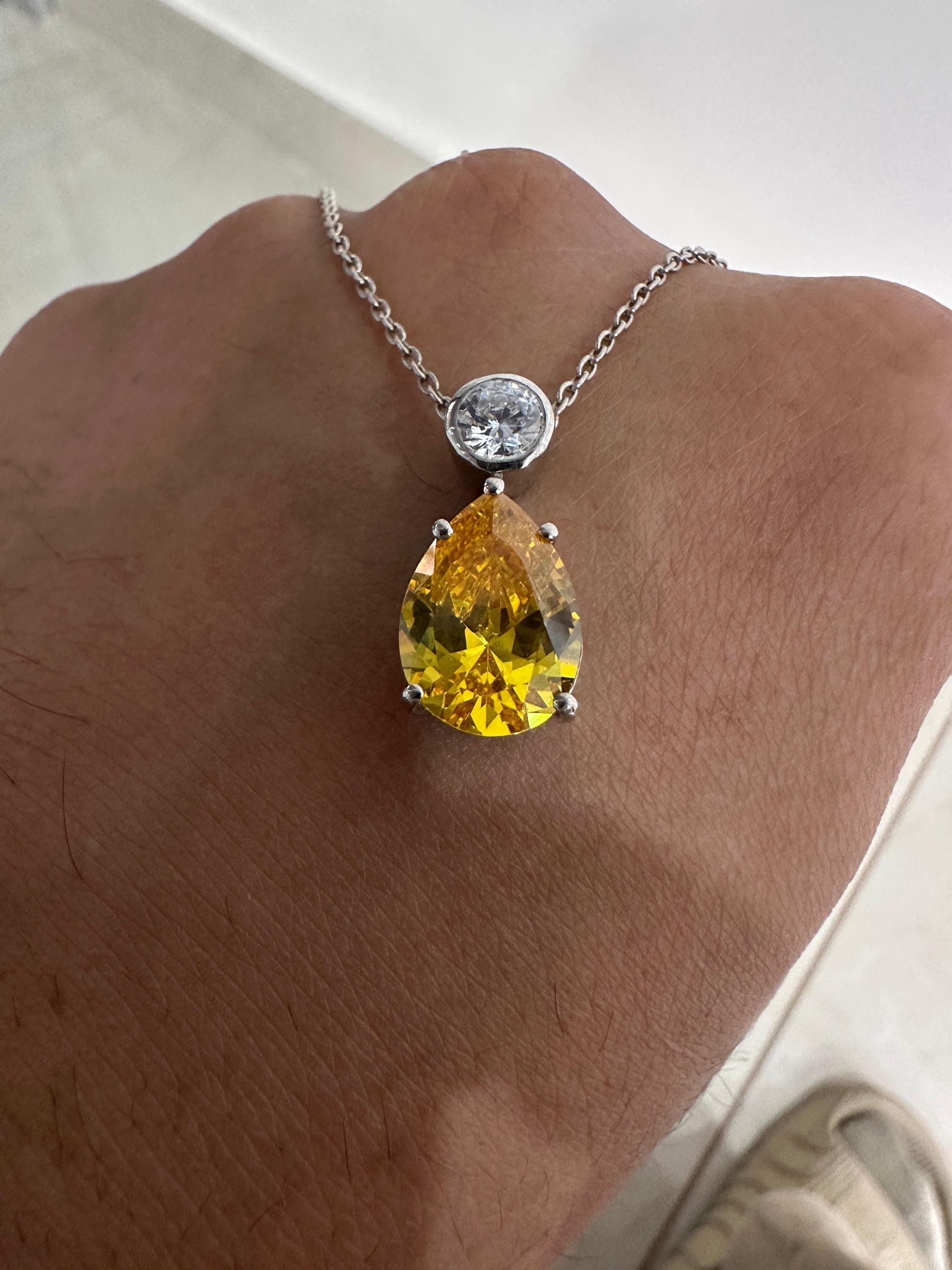 6CT Lab Yellow Diamond Pear Drop Pendant | Moissanite Accent, Platinum Finish