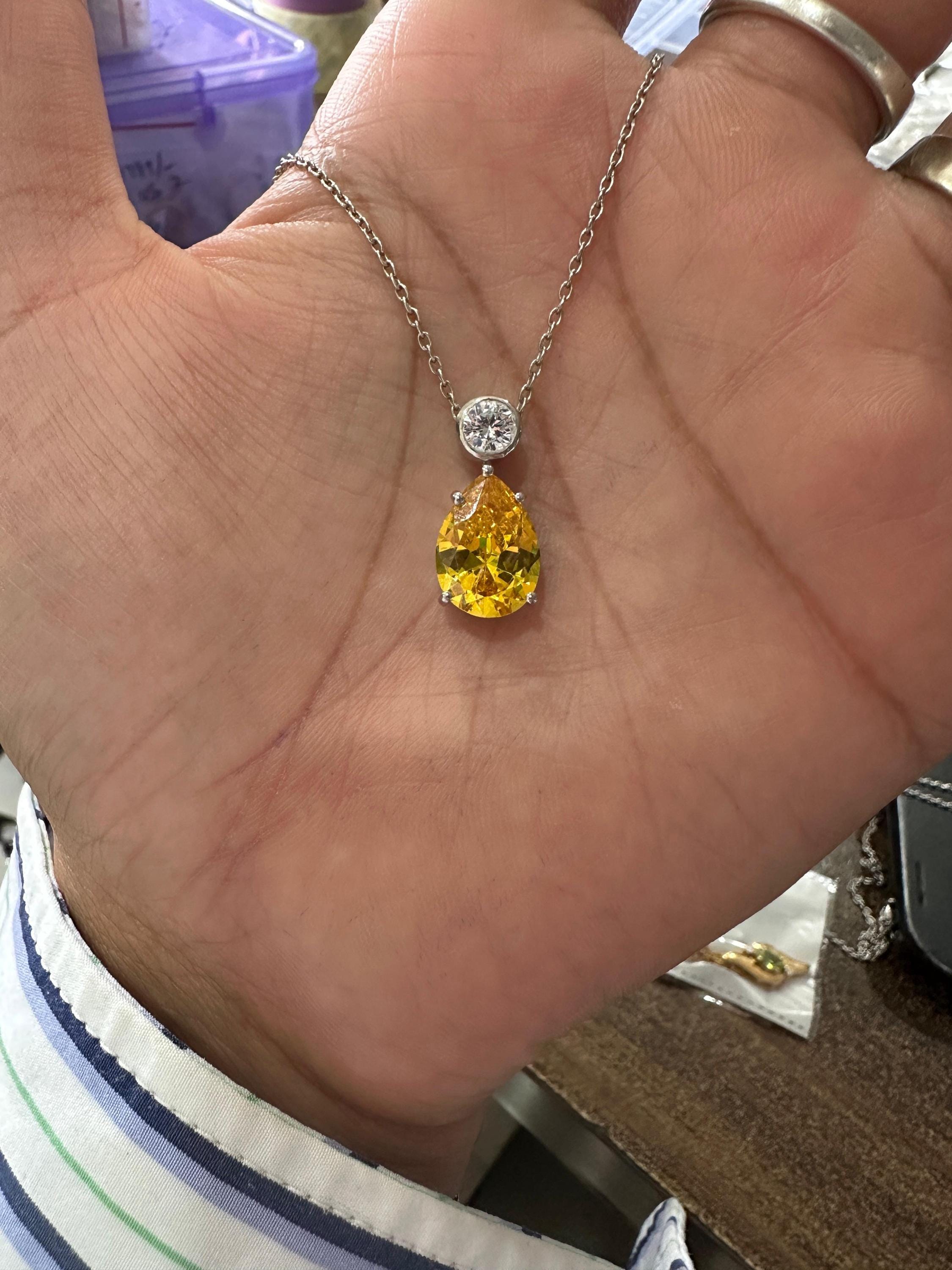 6CT Lab Yellow Diamond Pear Drop Pendant | Moissanite Accent, Platinum Finish