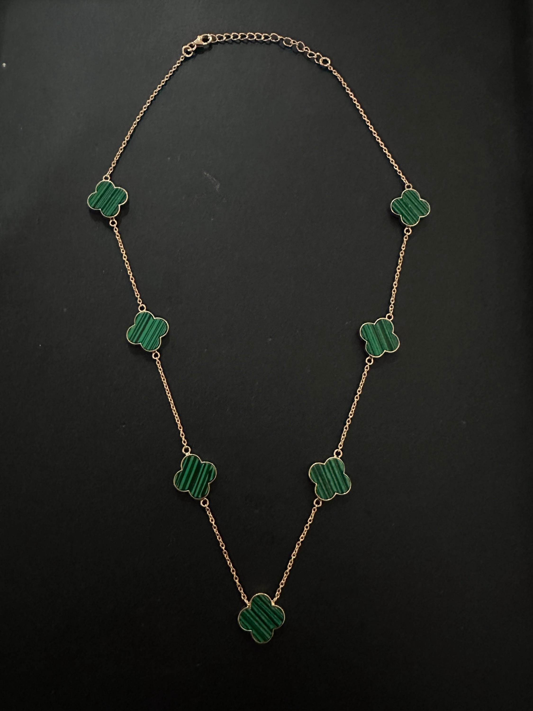 Malachite Clover Necklace 14K Gold Vermeil - Sterling Silver, Minimalist Charm