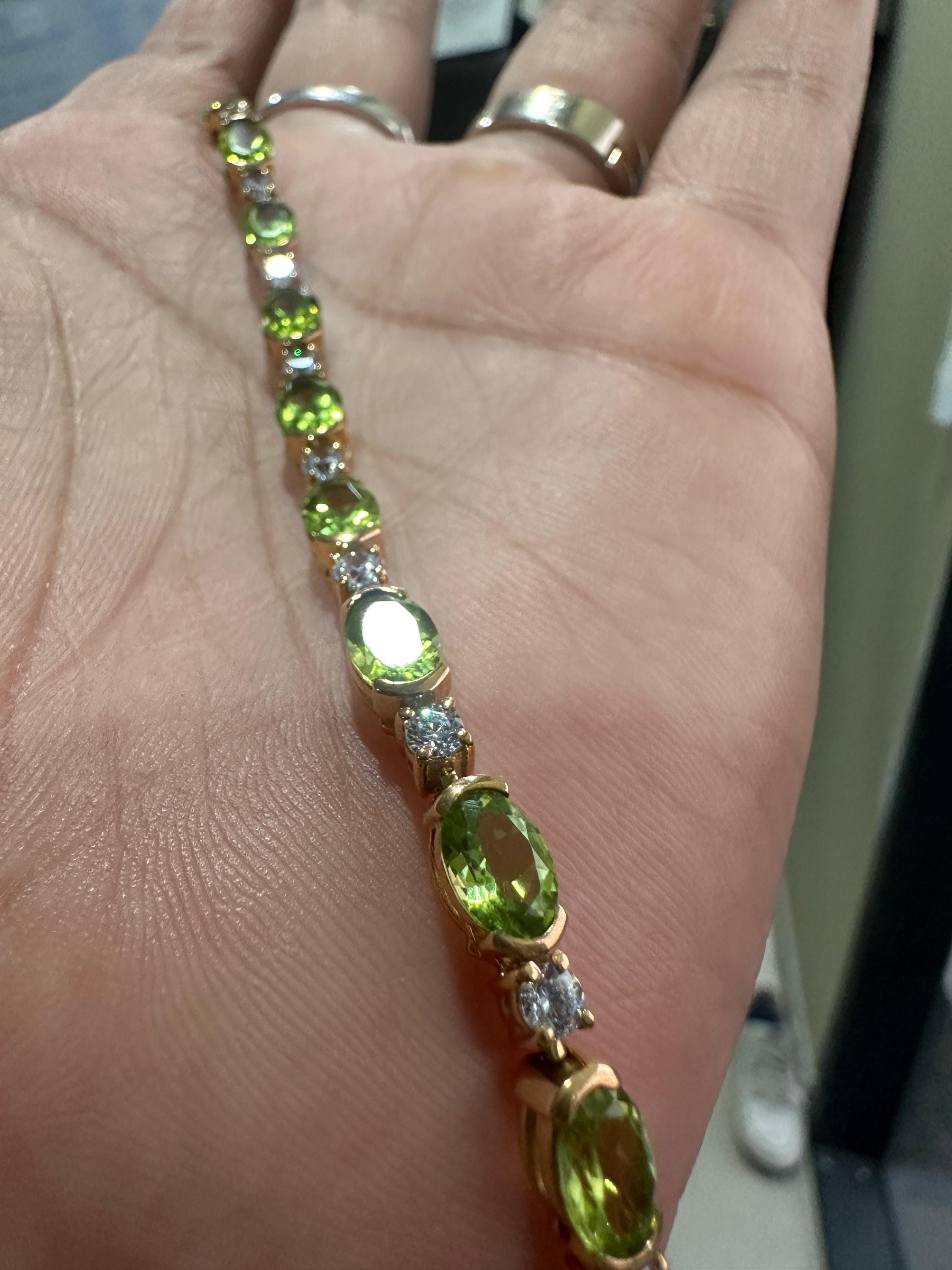 14K Yellow Gold Peridot Tennis Bracelet, Oval Gemstone Moissanite Accents