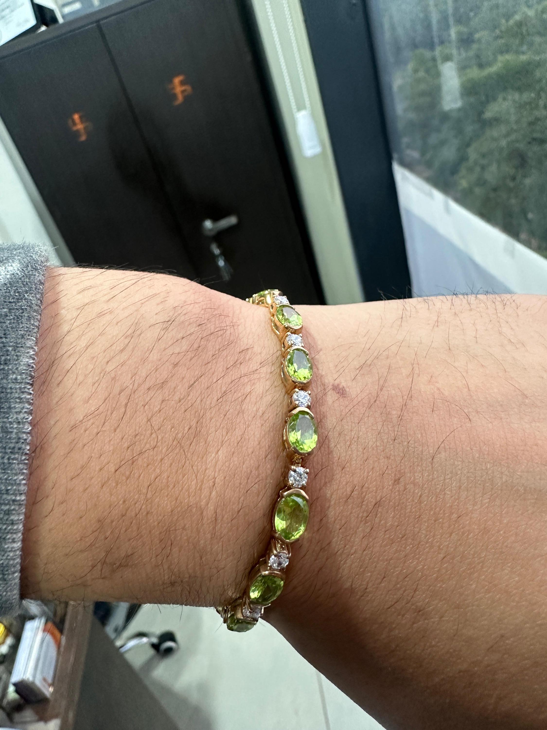 14K Yellow Gold Peridot Tennis Bracelet, Oval Gemstone Moissanite Accents