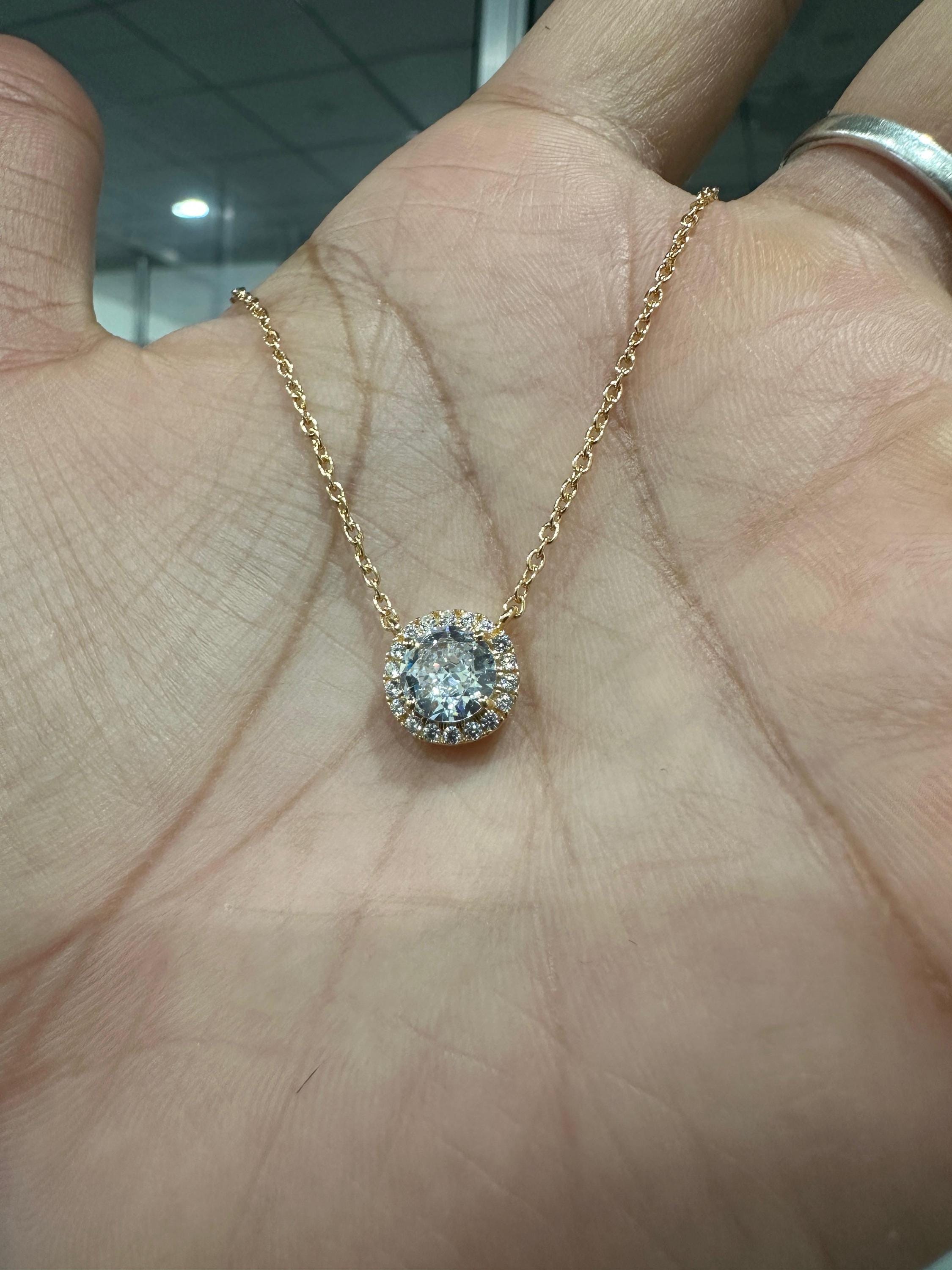 Minimal Moissanite Halo Pendant 14K Yellow Gold, 1 CT Round Moissanite Necklace for her