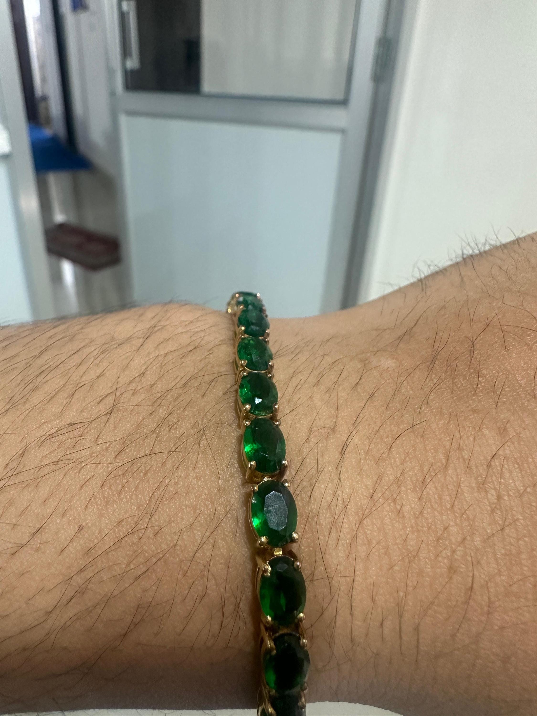 Zambian Emerald Oval Cut Tennis Bracelet | 14K Yellow Gold Finish, 22 CT