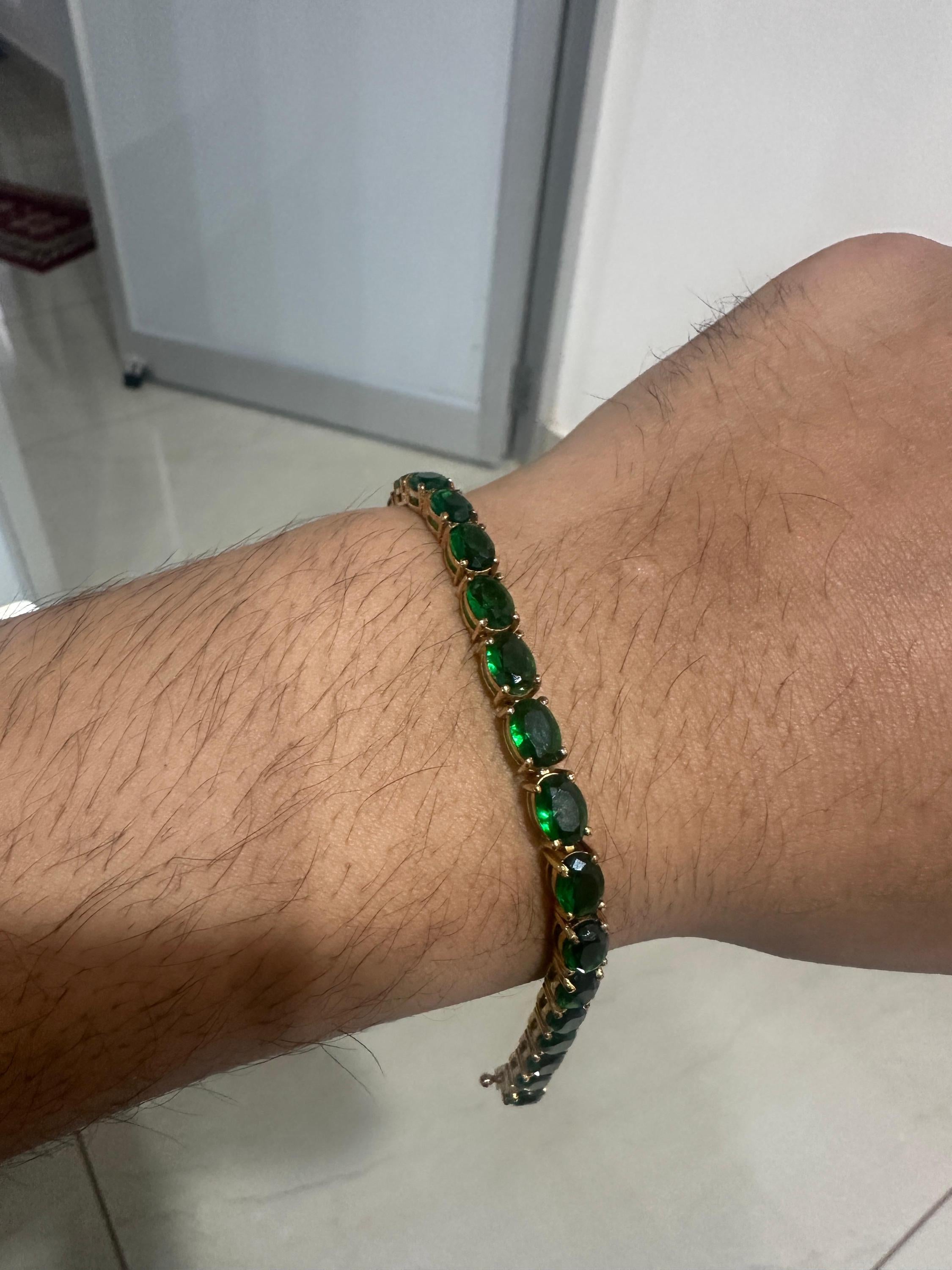 Zambian Emerald Oval Cut Tennis Bracelet | 14K Yellow Gold Finish, 22 CT