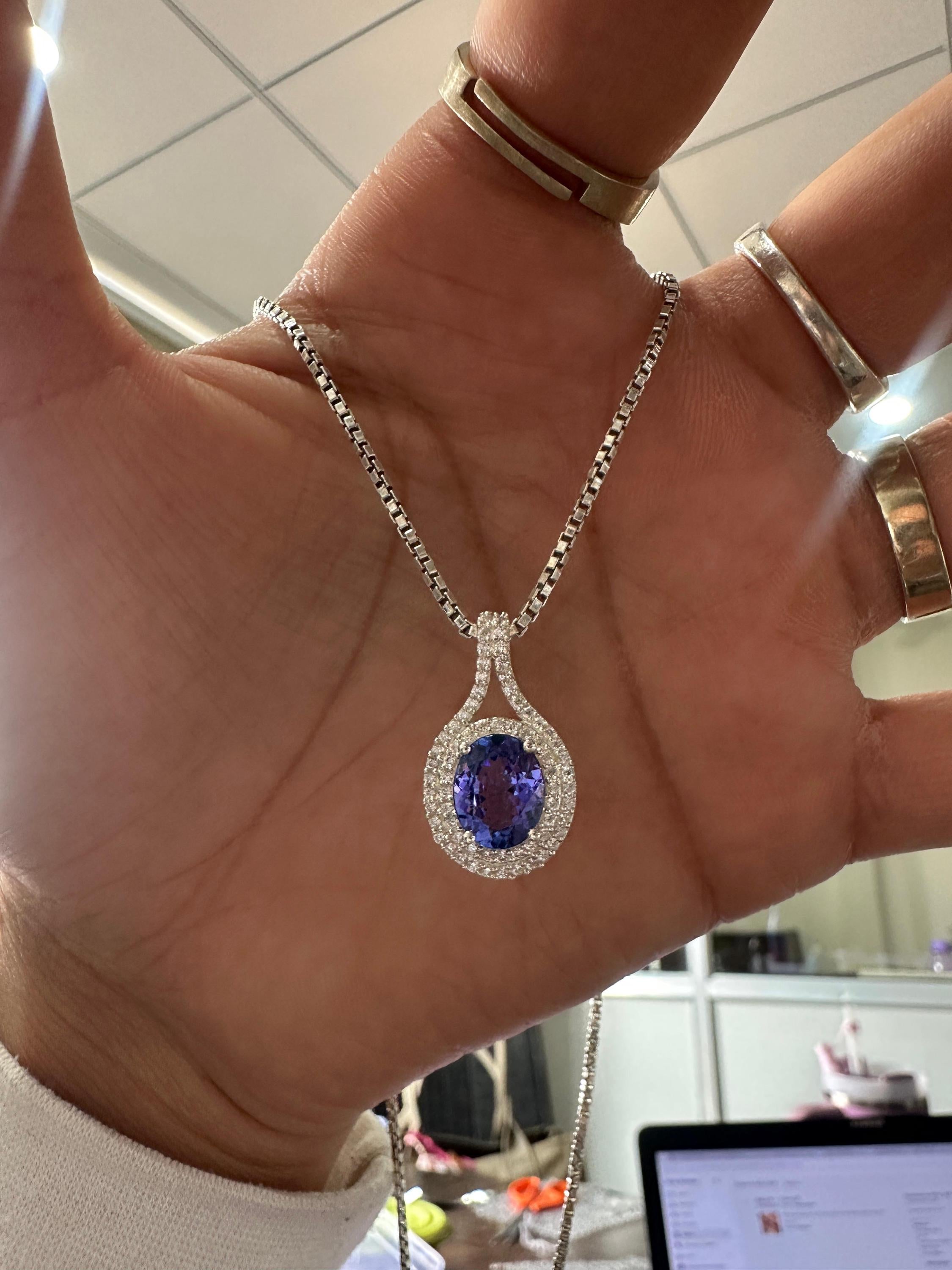 Rare Blue Tanzanite Diamond Halo Pendant Necklace | 14k White Gold, 3 CT Oval Tanzanite