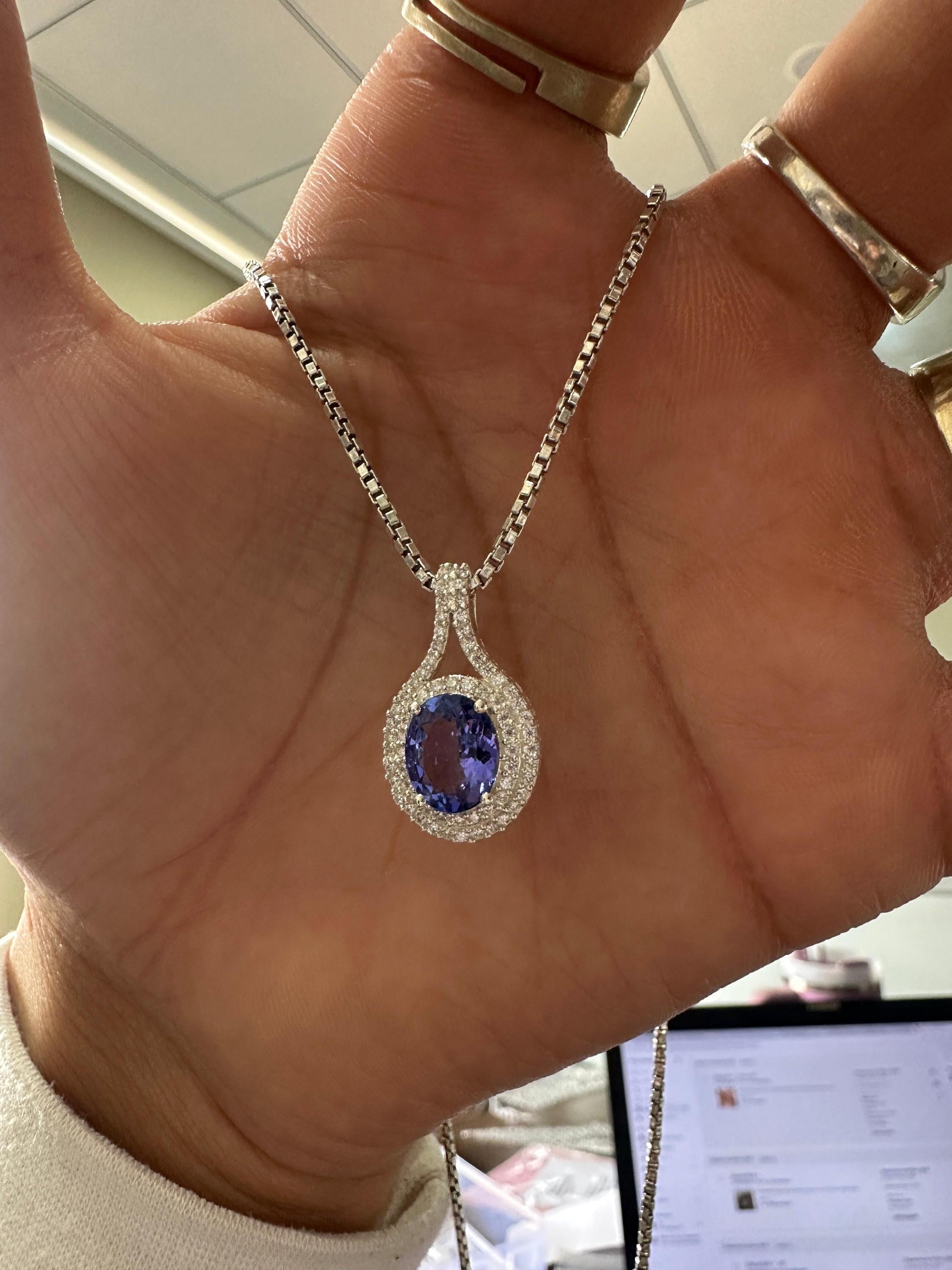 Rare Blue Tanzanite Diamond Halo Pendant Necklace | 14k White Gold, 3 CT Oval Tanzanite