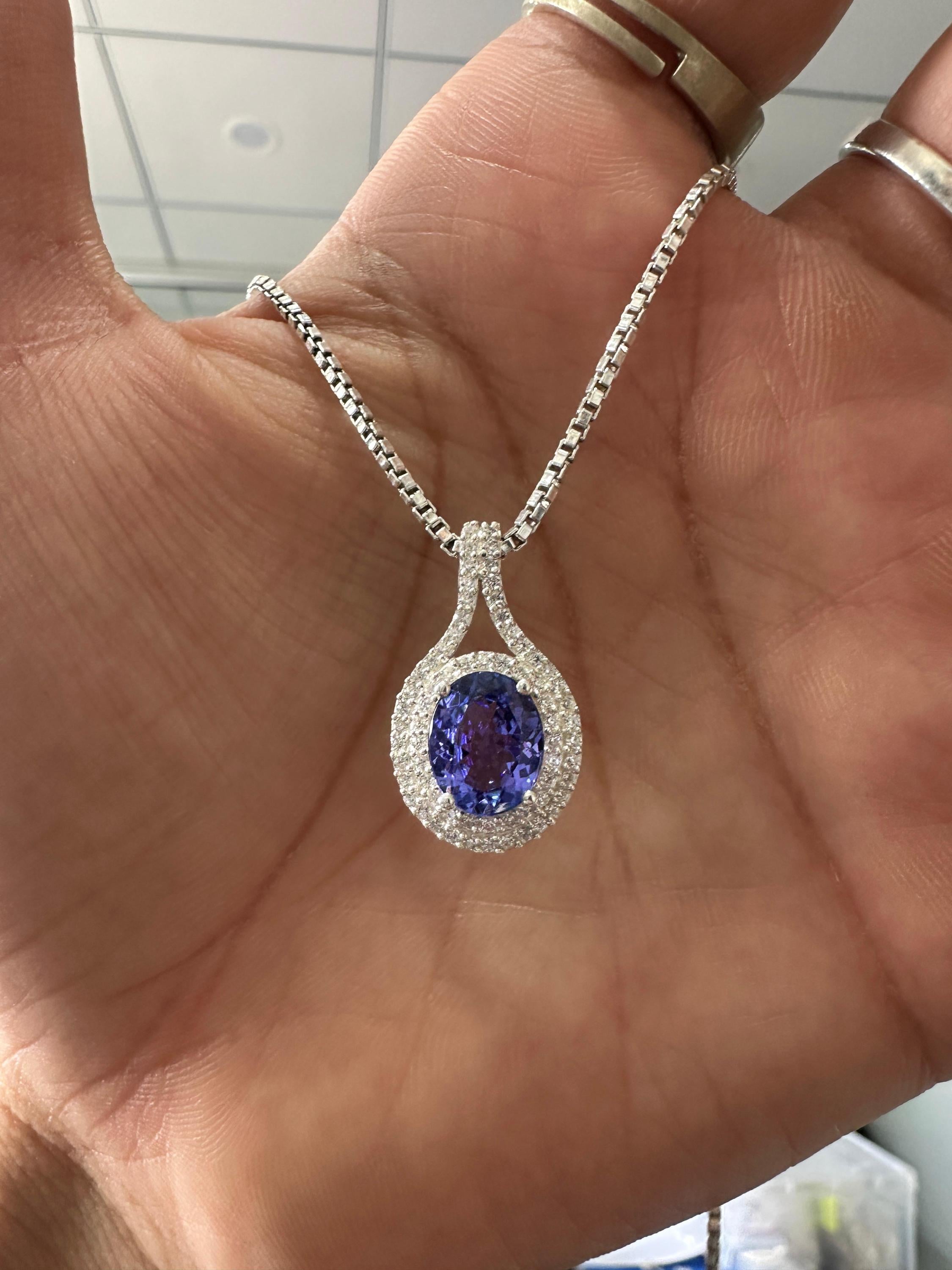 Rare Blue Tanzanite Diamond Halo Pendant Necklace | 14k White Gold, 3 CT Oval Tanzanite