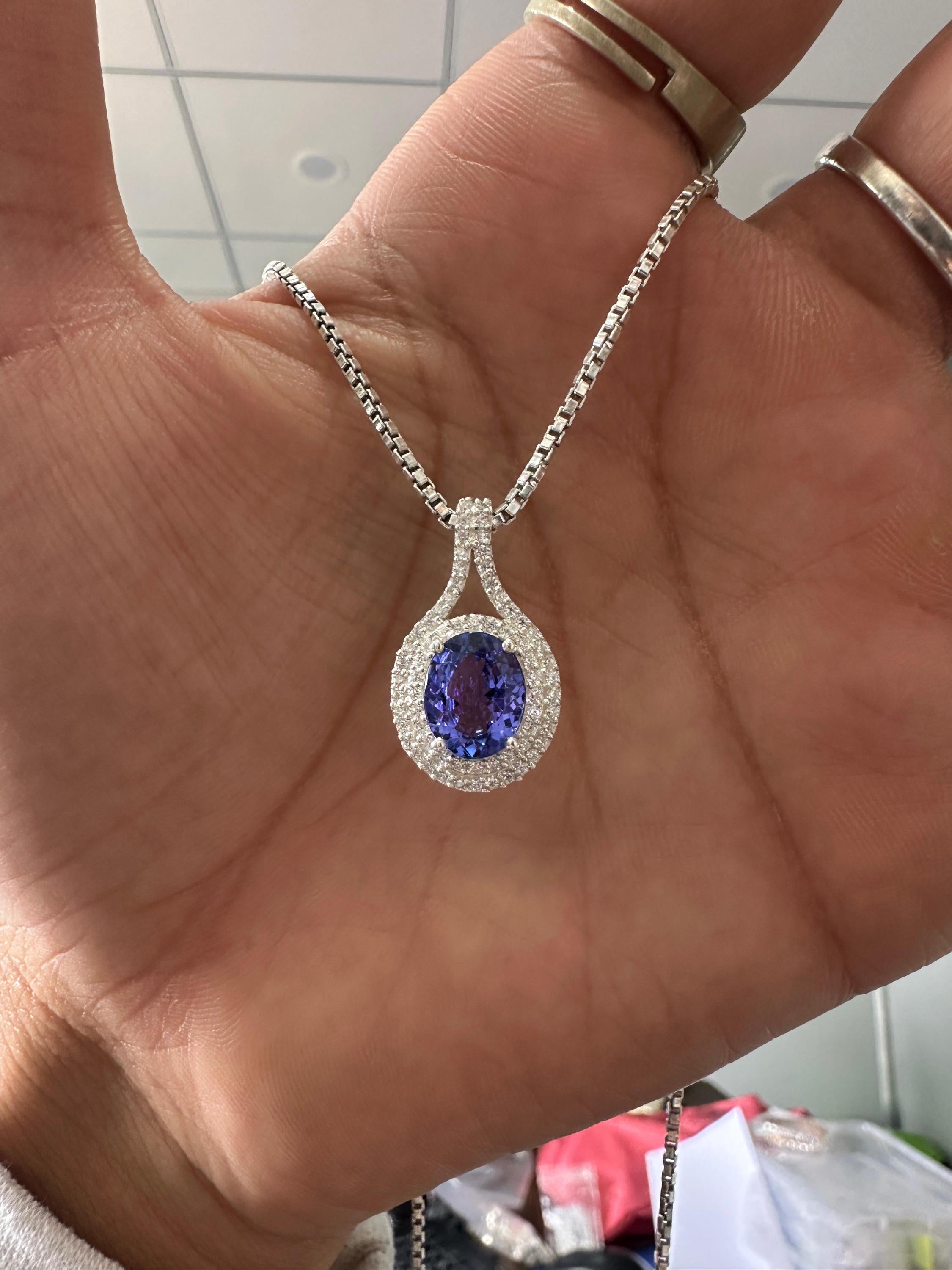 Rare Blue Tanzanite Diamond Halo Pendant Necklace | 14k White Gold, 3 CT Oval Tanzanite