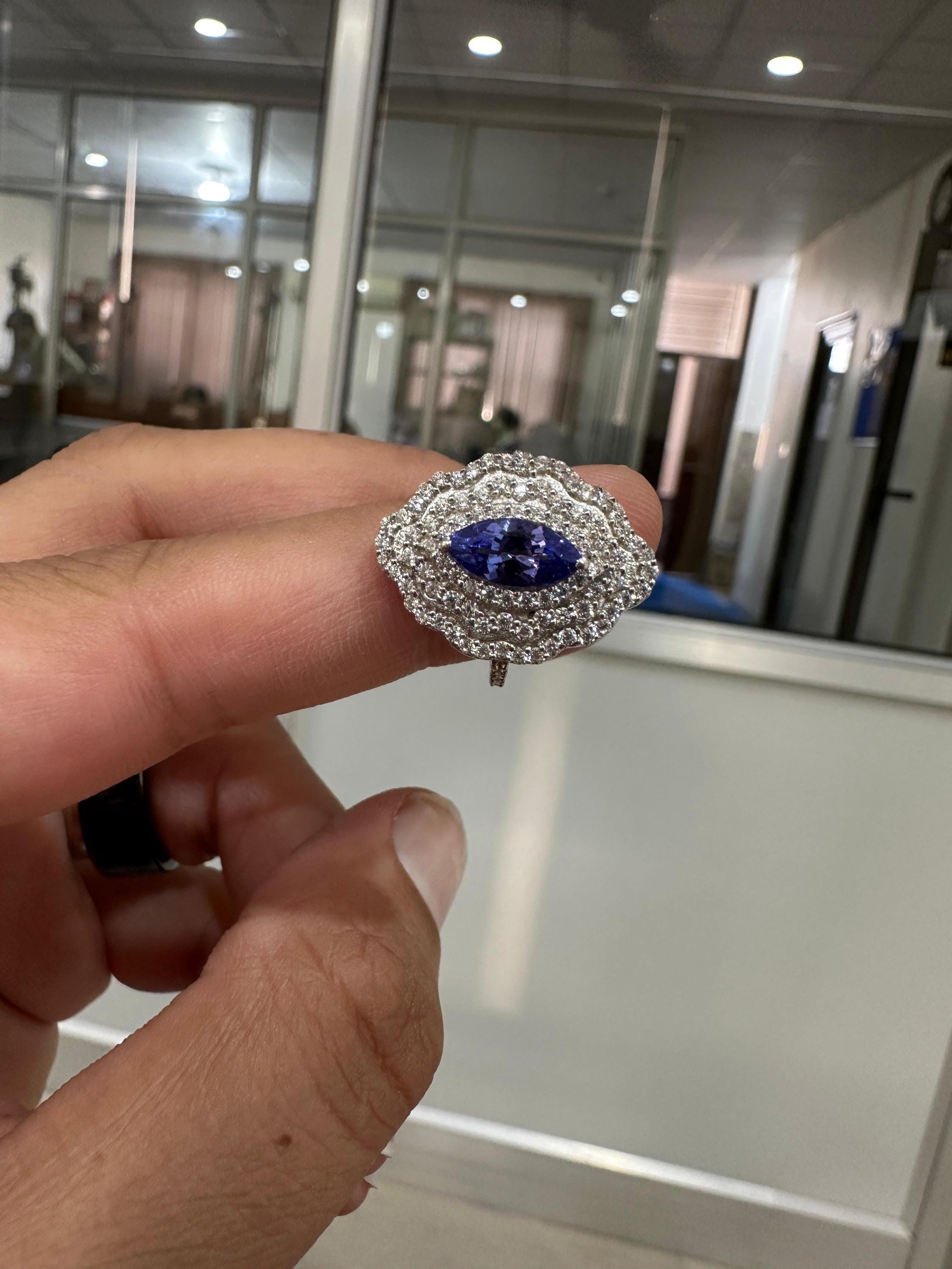 Marquise Tanzanite Halo Engagement Ring, 1.65 CT Blue Purple Gemstone, Moissanite Accents