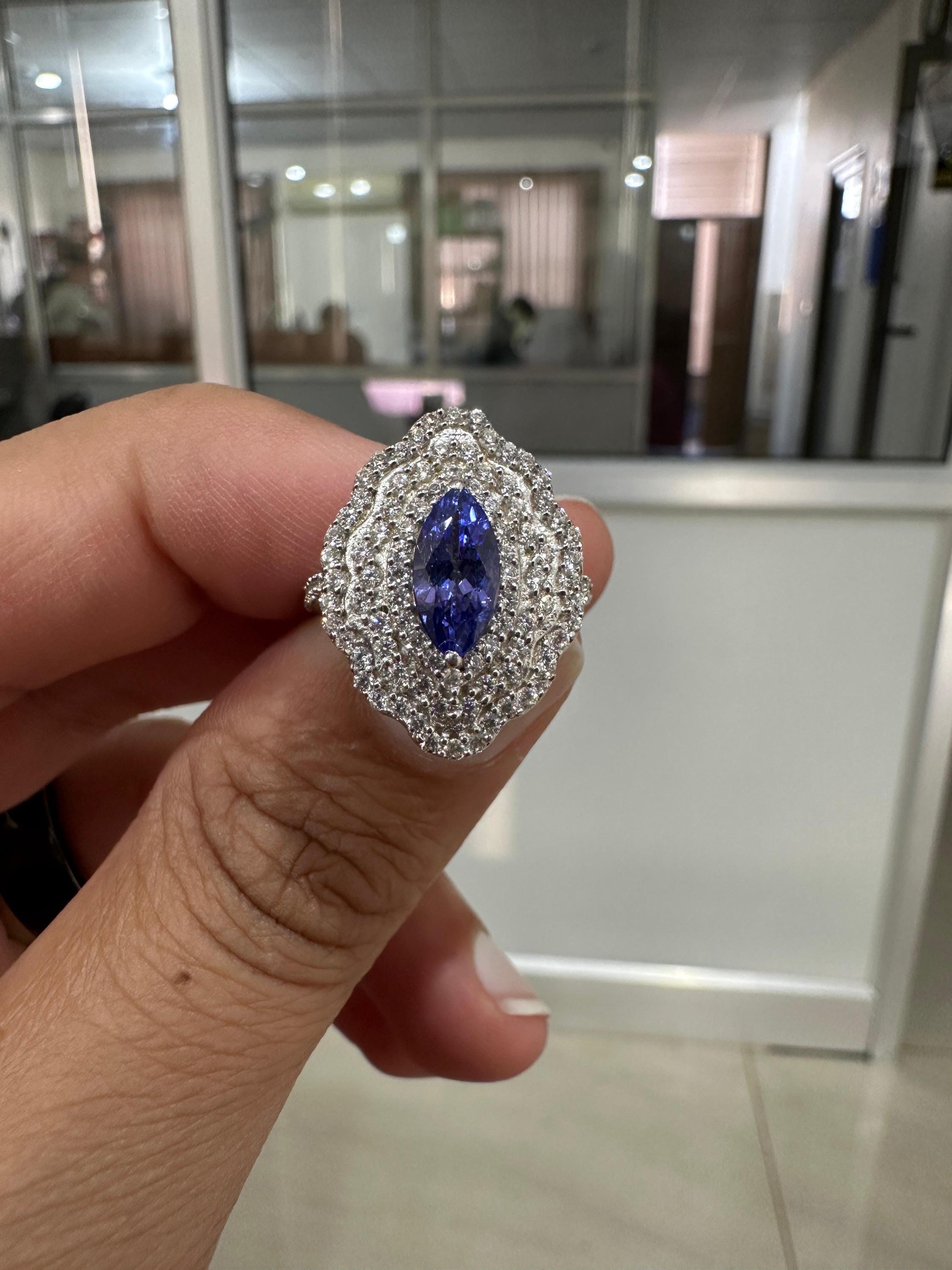 Marquise Tanzanite Halo Engagement Ring, 1.65 CT Blue Purple Gemstone, Moissanite Accents
