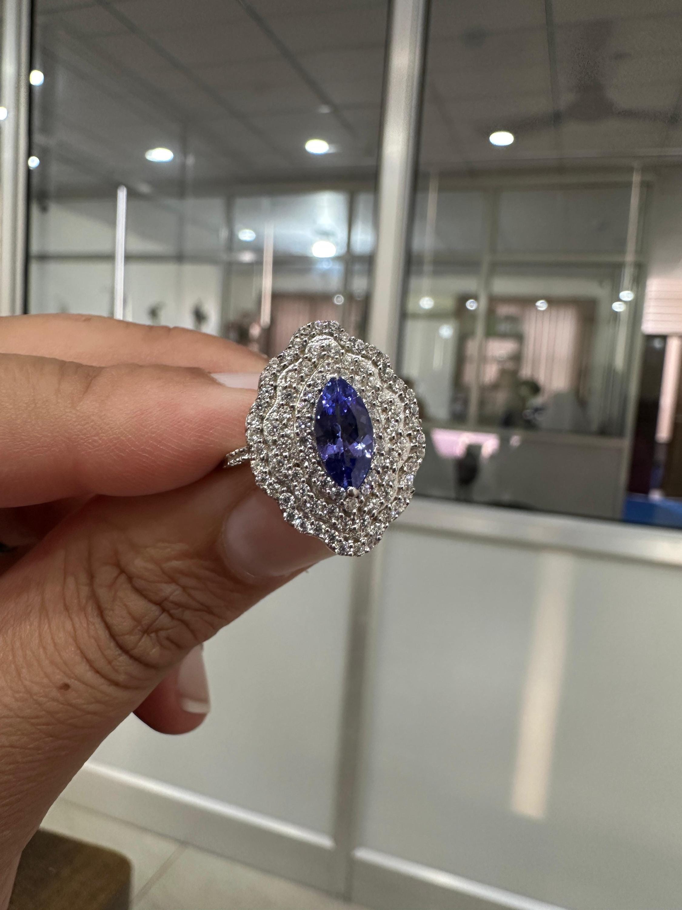 Marquise Tanzanite Halo Engagement Ring, 1.65 CT Blue Purple Gemstone, Moissanite Accents