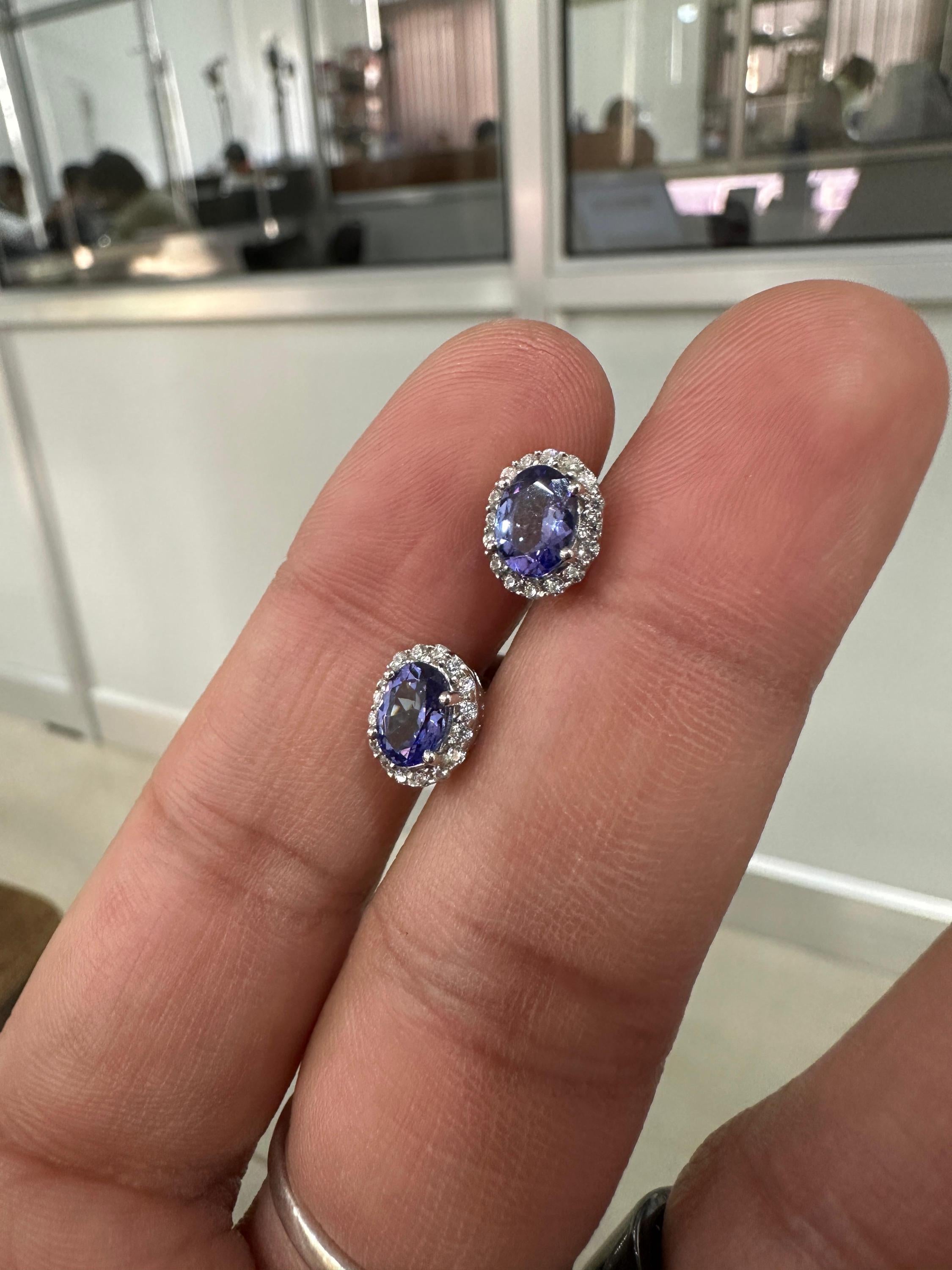 Oval Tanzanite Halo Stud Earrings | 14K White Gold, Moissanite Accents