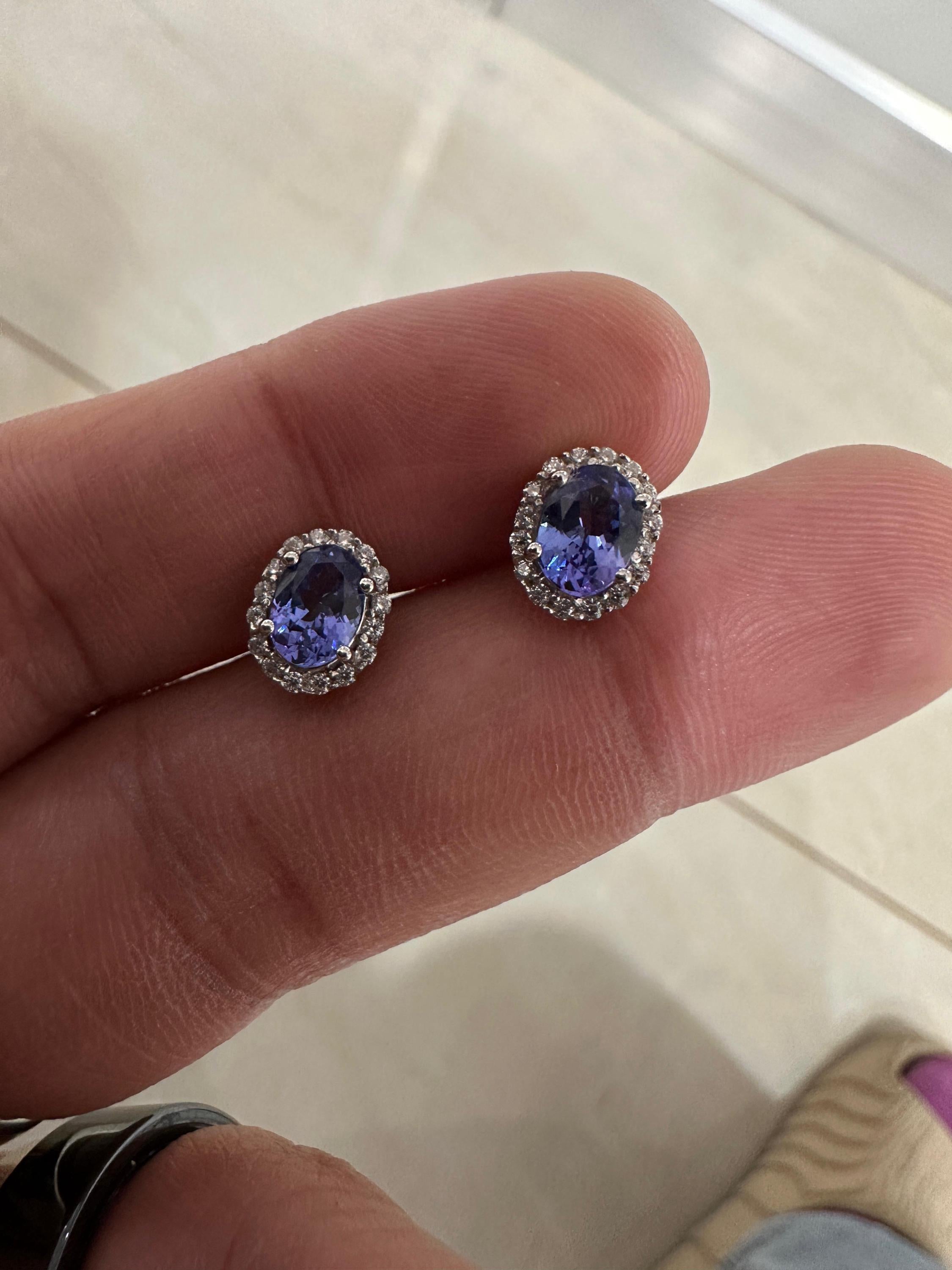 Oval Tanzanite Halo Stud Earrings | 14K White Gold, Moissanite Accents
