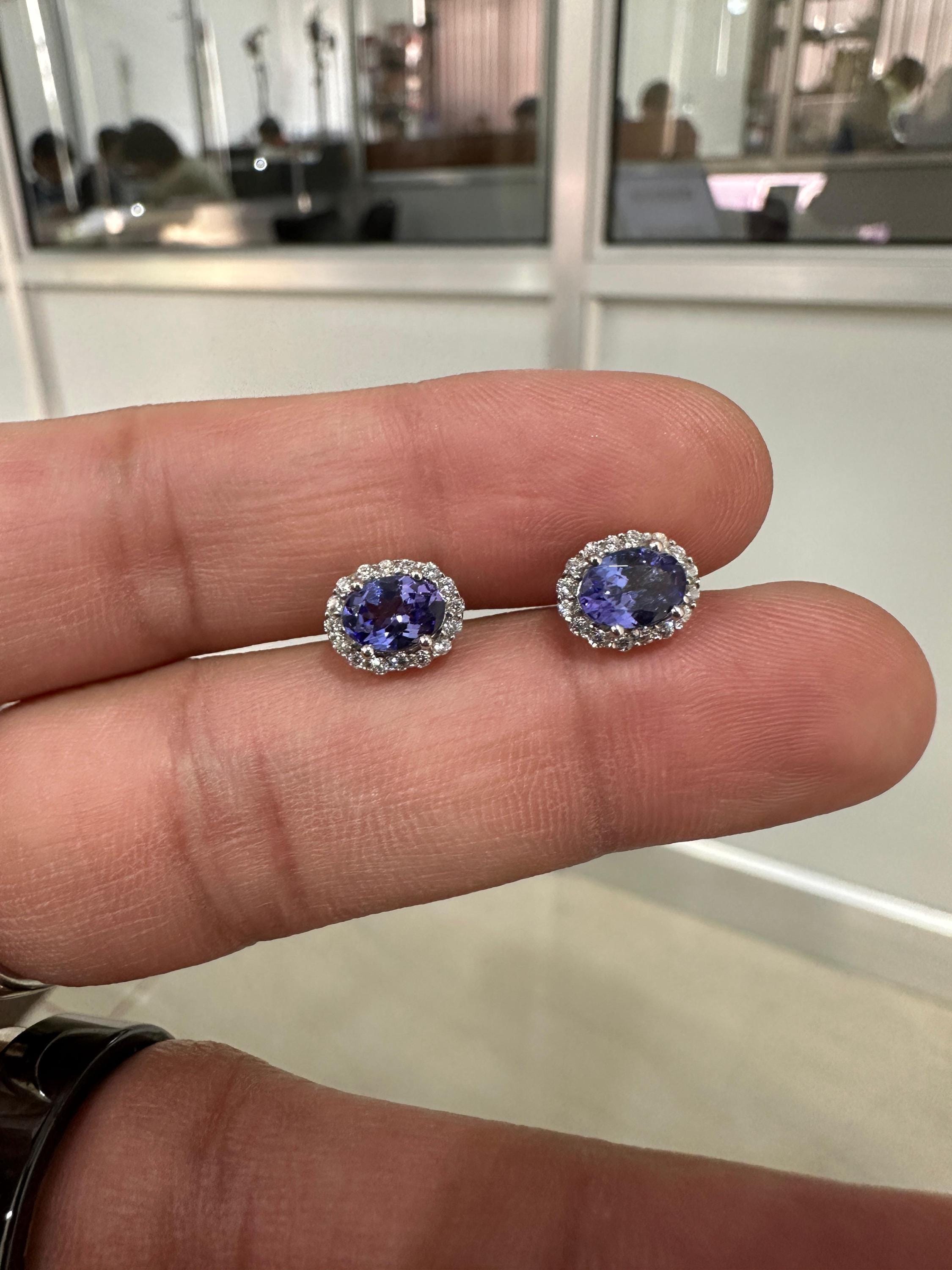Oval Tanzanite Halo Stud Earrings | 14K White Gold, Moissanite Accents