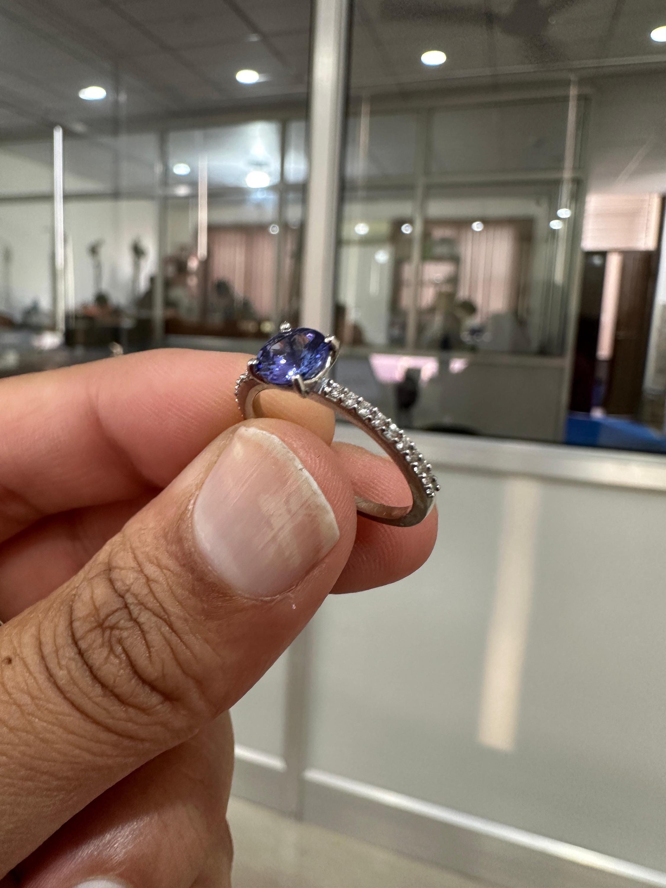 Round cut Tanzanite Diamond Engagement Ring | 14K White Gold | Anniversary Gift for her