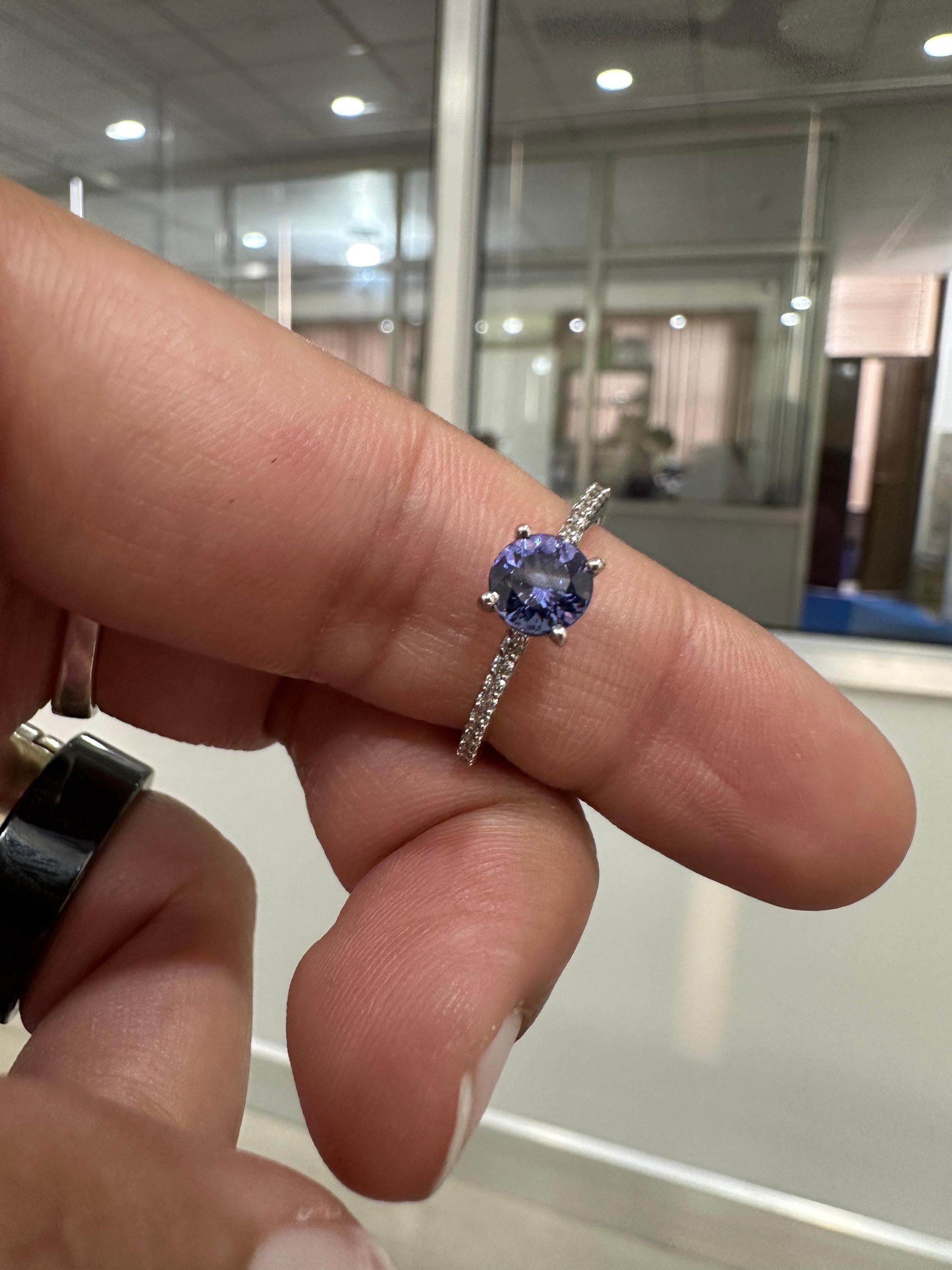 Round cut Tanzanite Diamond Engagement Ring | 14K White Gold | Anniversary Gift for her