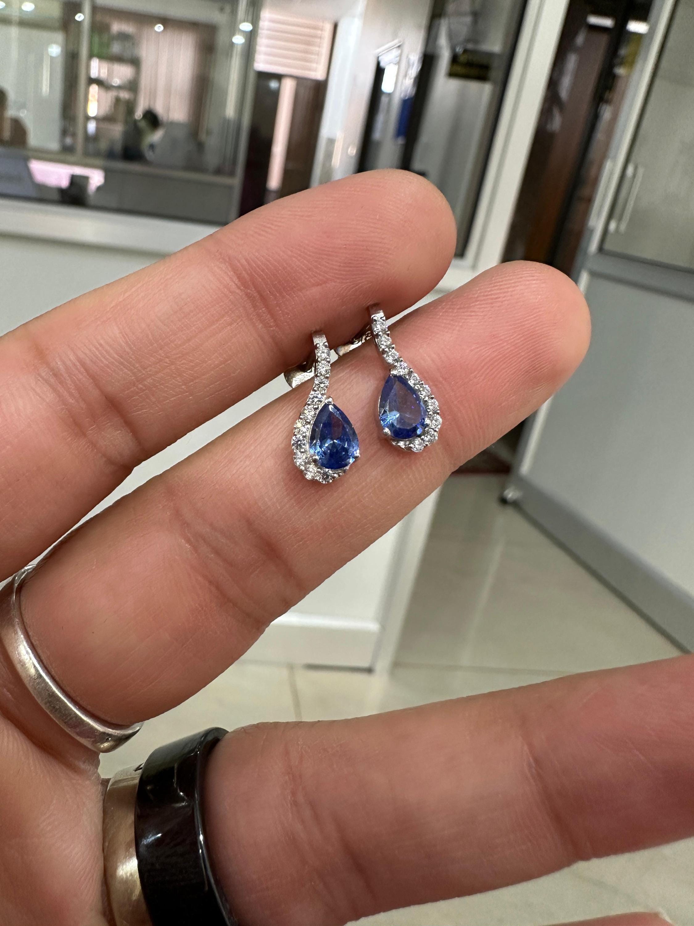 Natural Tanzanite Pear Drop Earrings | 14k White Gold, December Birthstone Jewelry