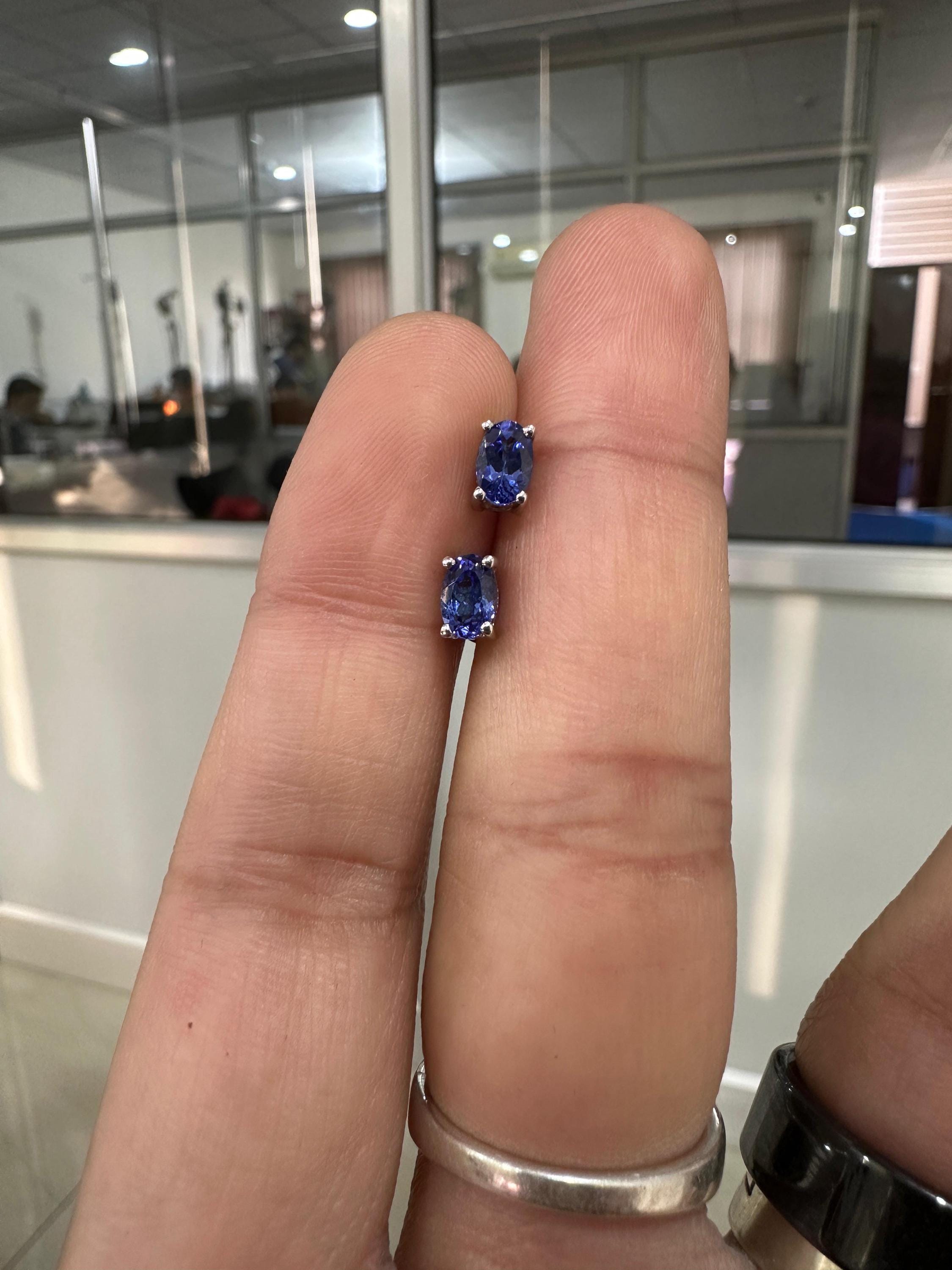 14k Gold Oval Tanzanite Solitaire Studs, December Birthstone, First Anniversary Gift