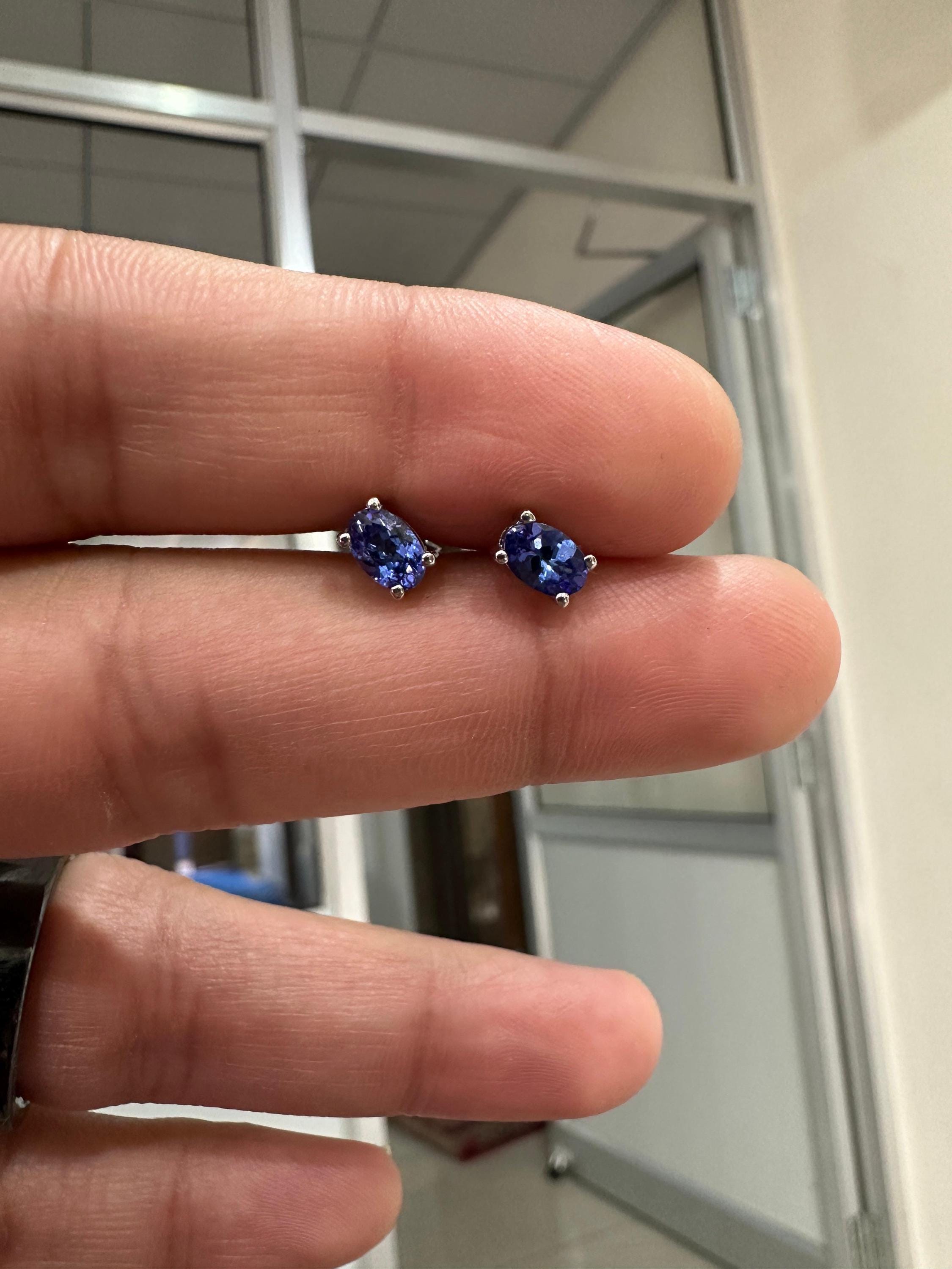 14k Gold Oval Tanzanite Solitaire Studs, December Birthstone, First Anniversary Gift