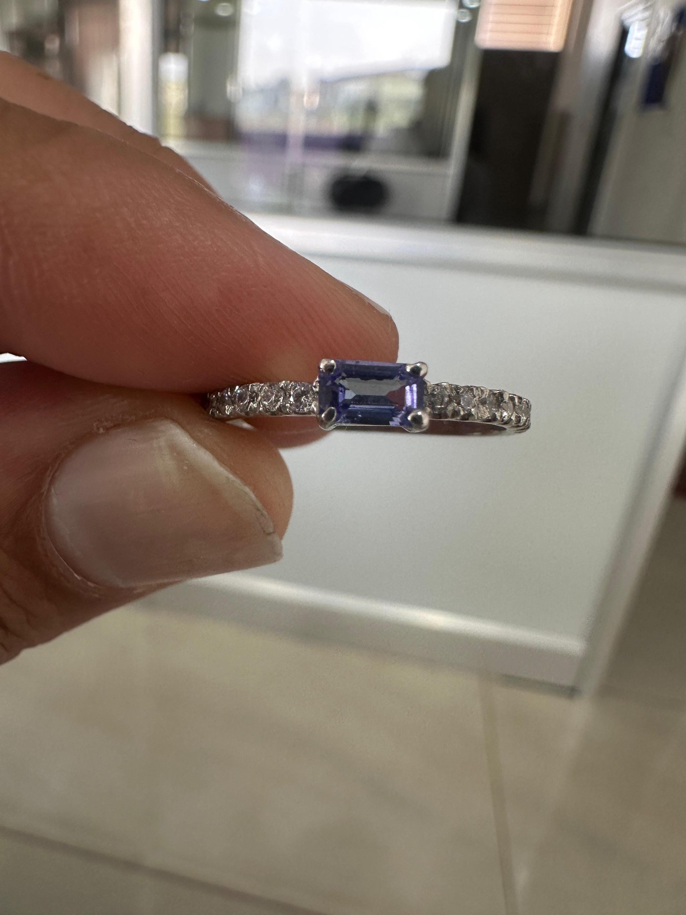 Baguette Cut Tanzanite Diamond Ring | 14K White Gold Minimalist Blue Violet Gemstone