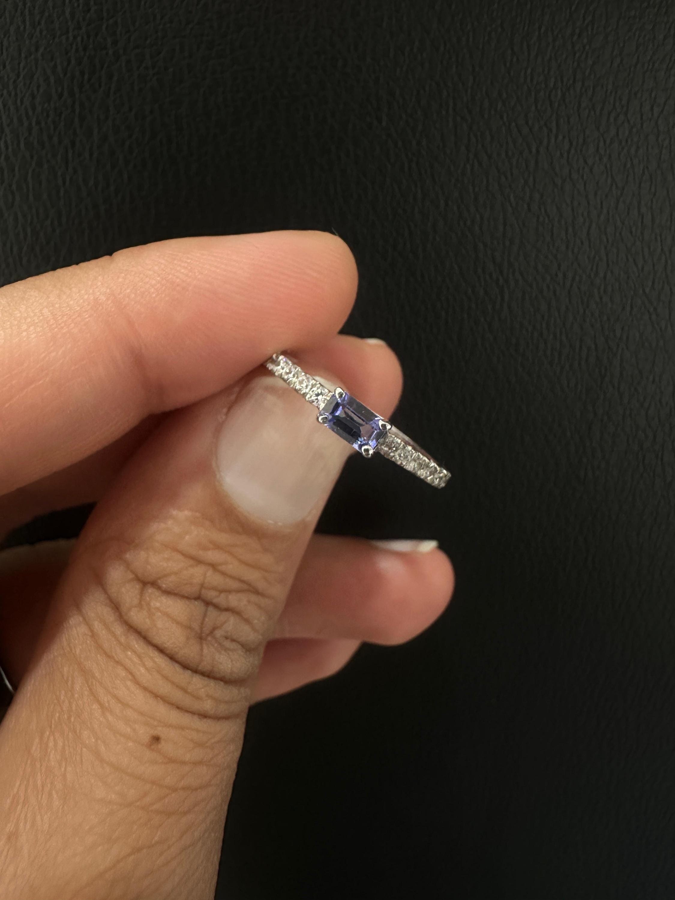 Baguette Cut Tanzanite Diamond Ring | 14K White Gold Minimalist Blue Violet Gemstone