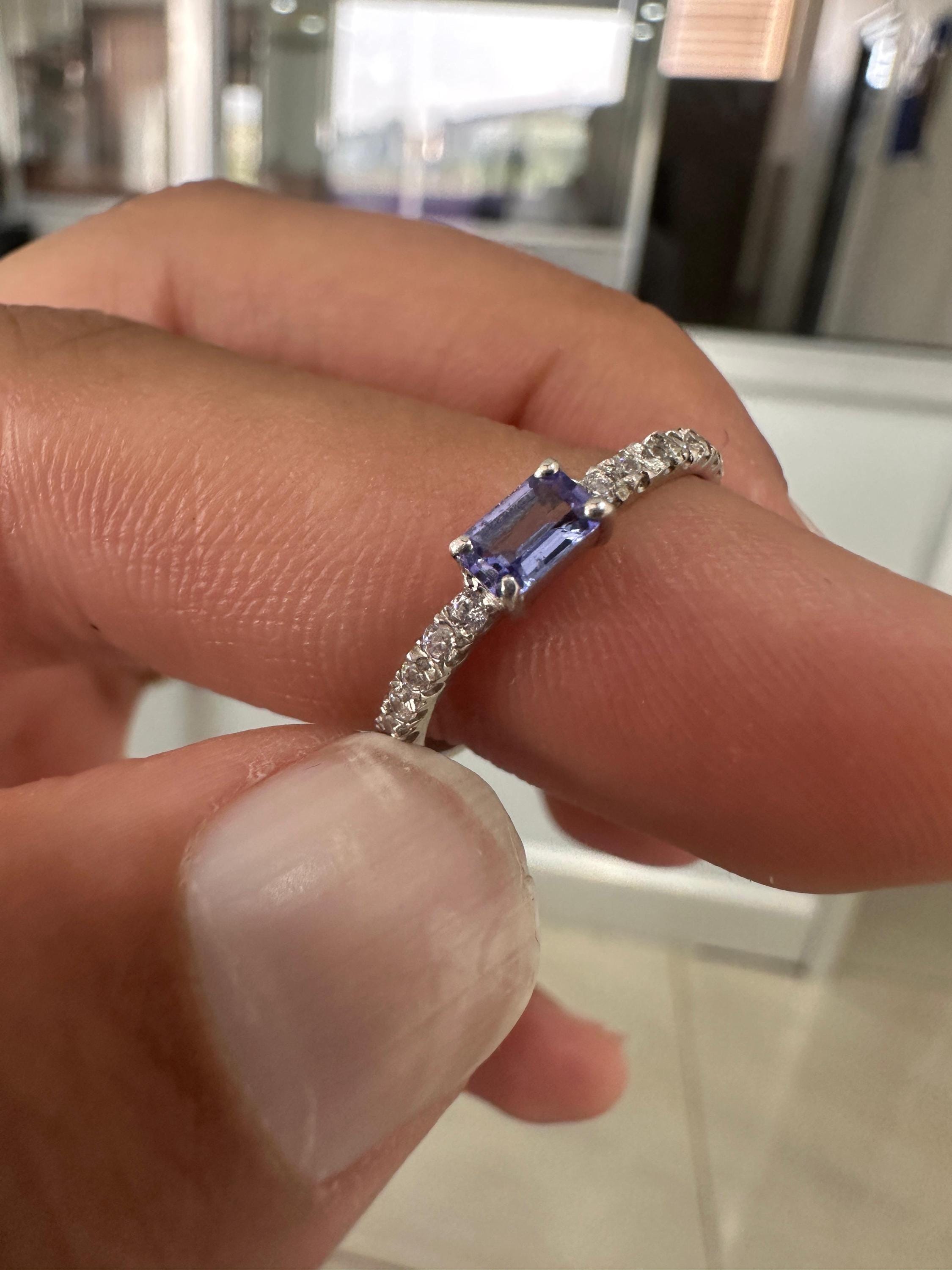 Baguette Cut Tanzanite Diamond Ring | 14K White Gold Minimalist Blue Violet Gemstone