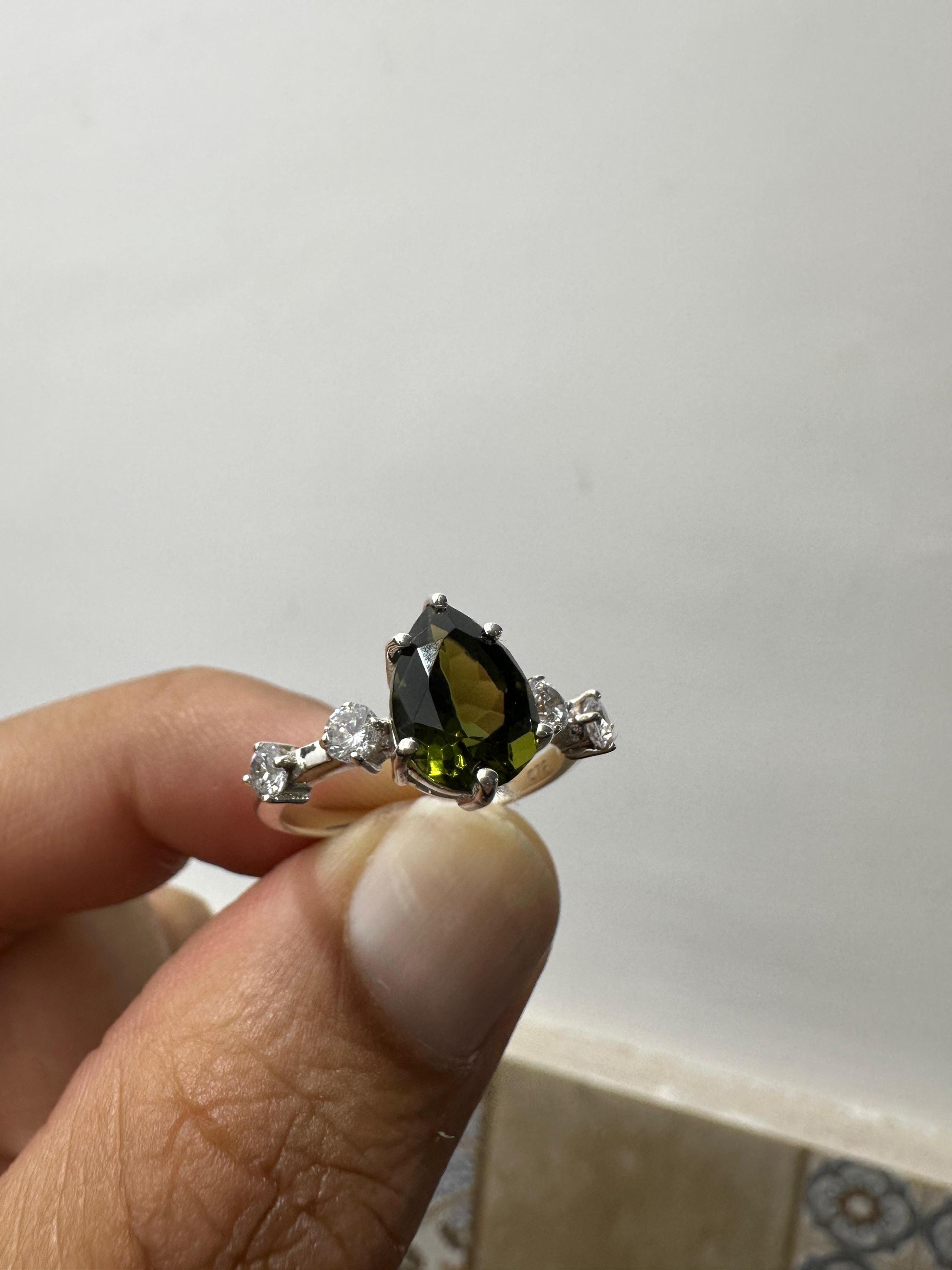 Natural Moldavite Diamond Engagement Ring, 3 CT Pear Cut Green Gemstone Ring, 14K White Gold