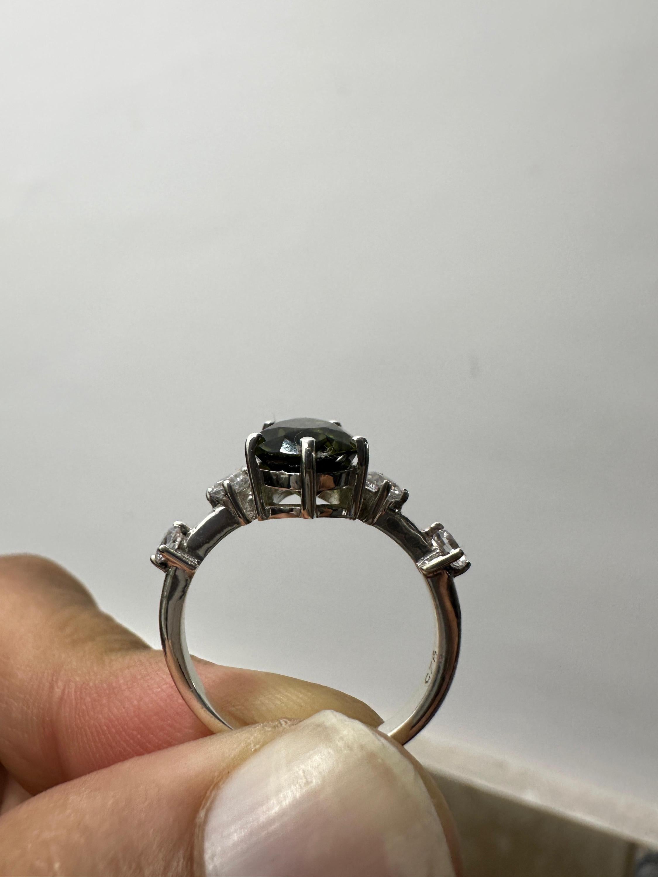 3CT Natural Moldavite Pear Engagement Ring | Diamond | 14K White Gold