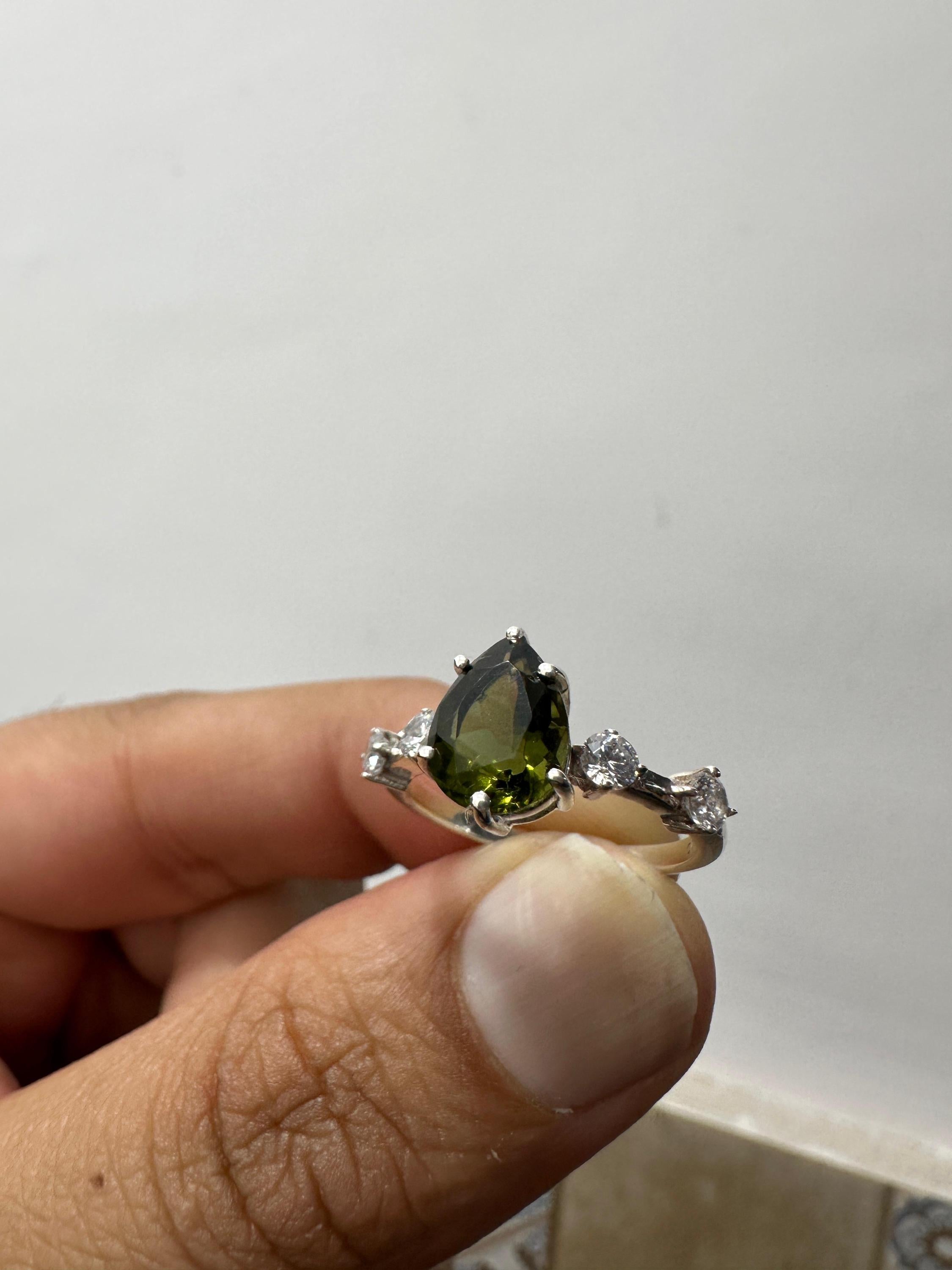 3CT Natural Moldavite Pear Engagement Ring | Diamond | 14K White Gold