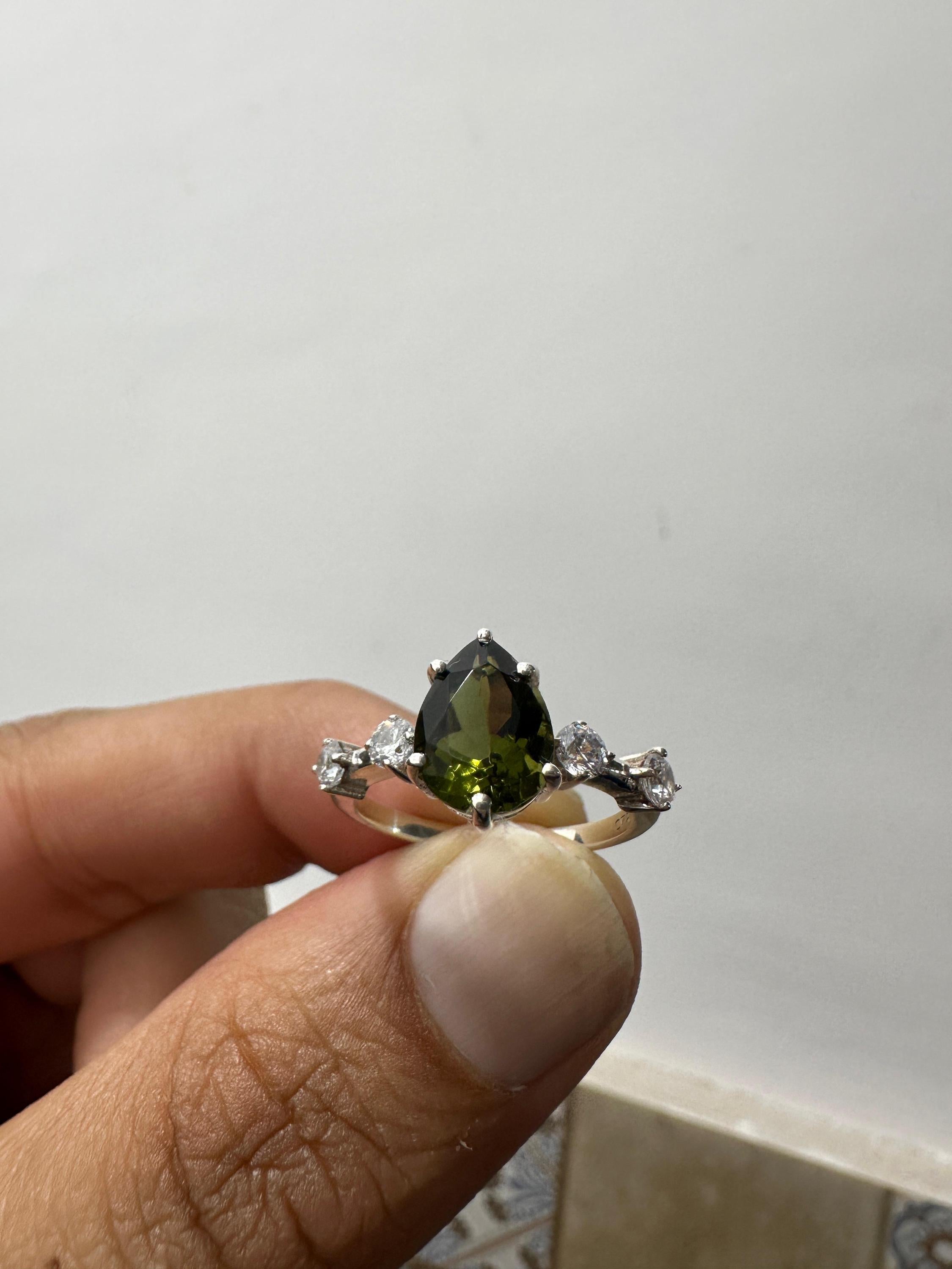 Natural Moldavite Diamond Engagement Ring, 3 CT Pear Cut Green Gemstone Ring, 14K White Gold