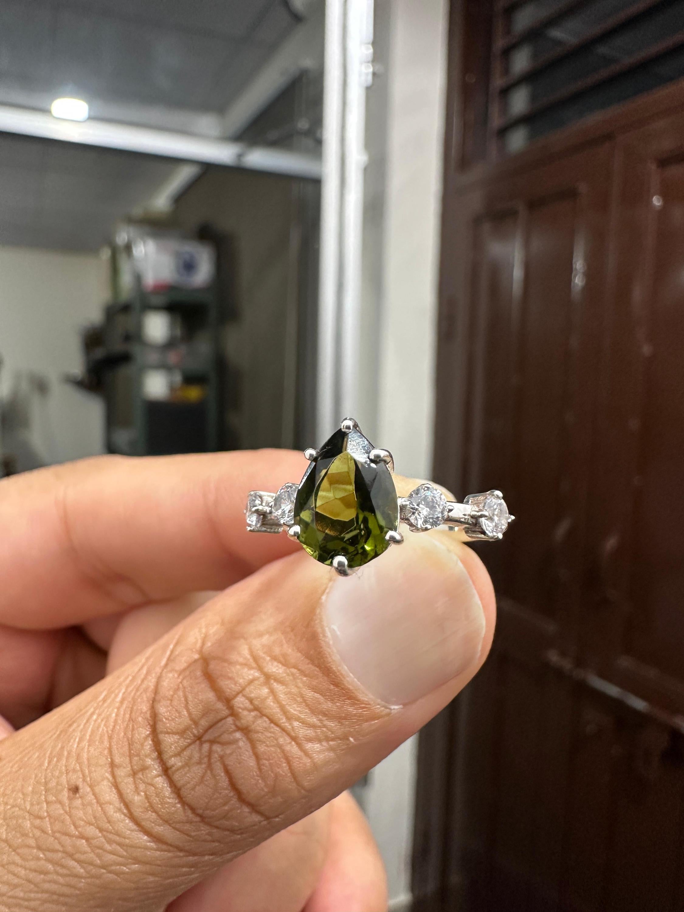 Natural Moldavite Diamond Engagement Ring, 3 CT Pear Cut Green Gemstone Ring, 14K White Gold