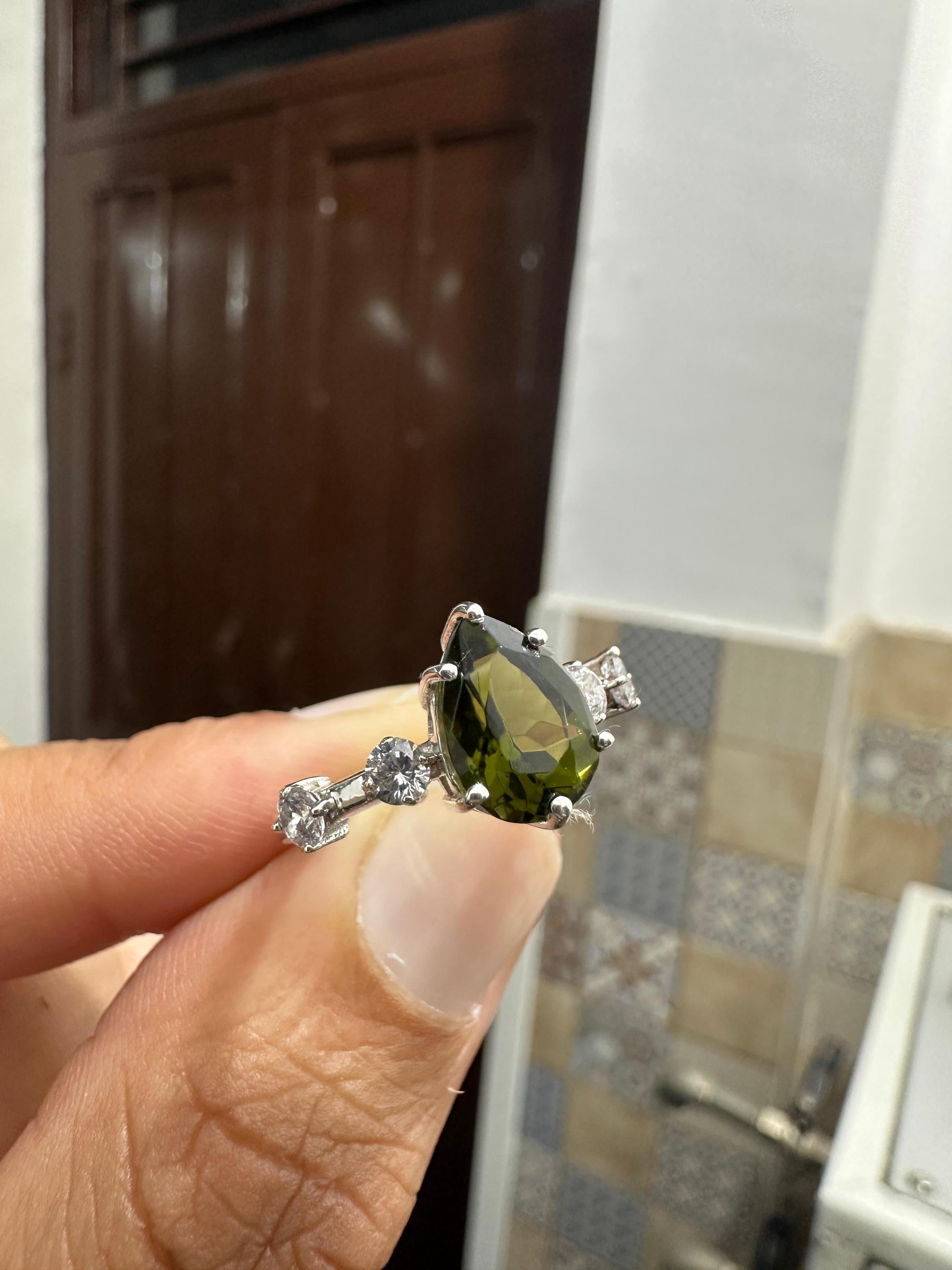 Natural Moldavite Diamond Engagement Ring, 3 CT Pear Cut Green Gemstone Ring, 14K White Gold