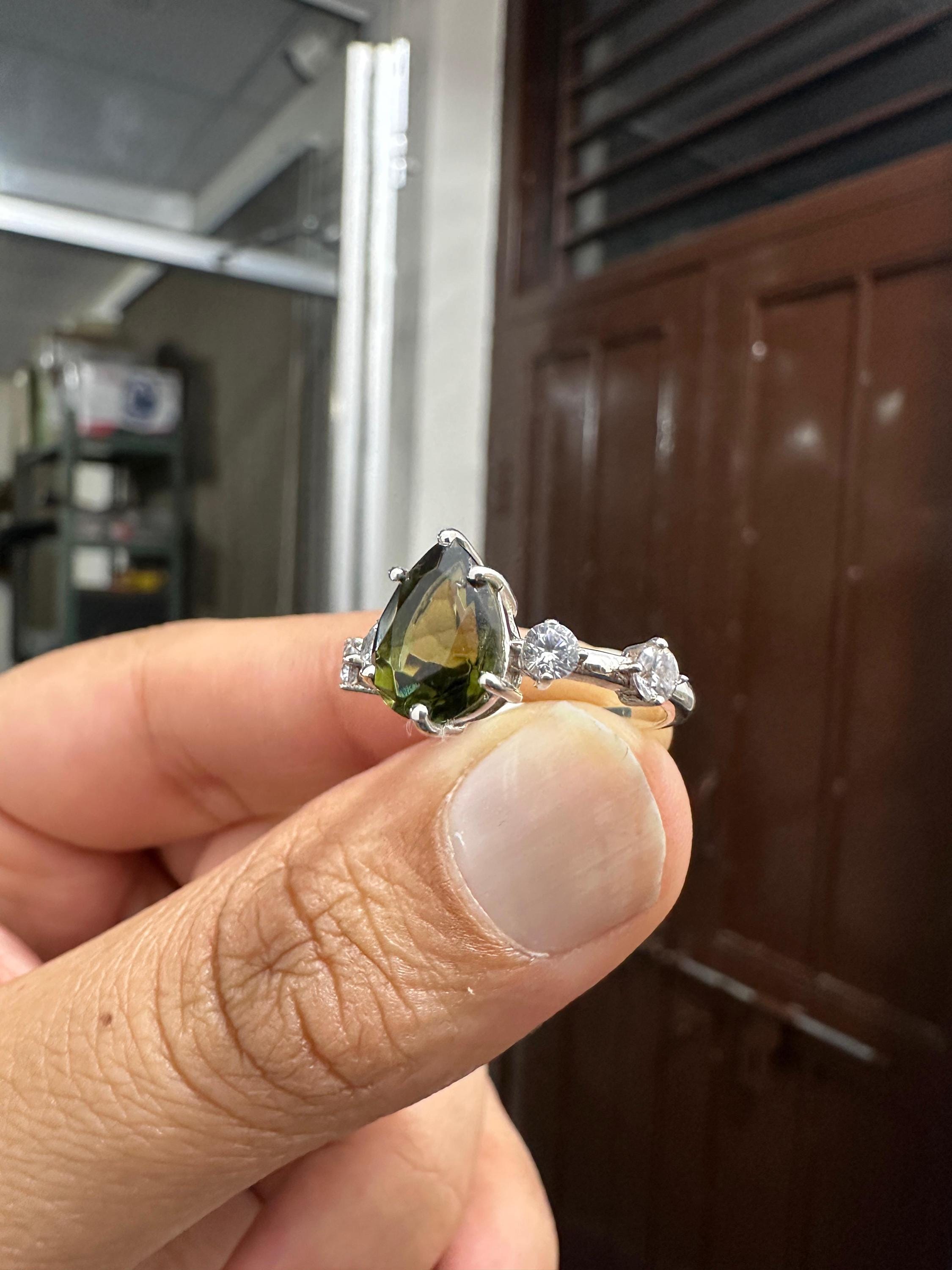 3CT Natural Moldavite Pear Engagement Ring | Diamond | 14K White Gold