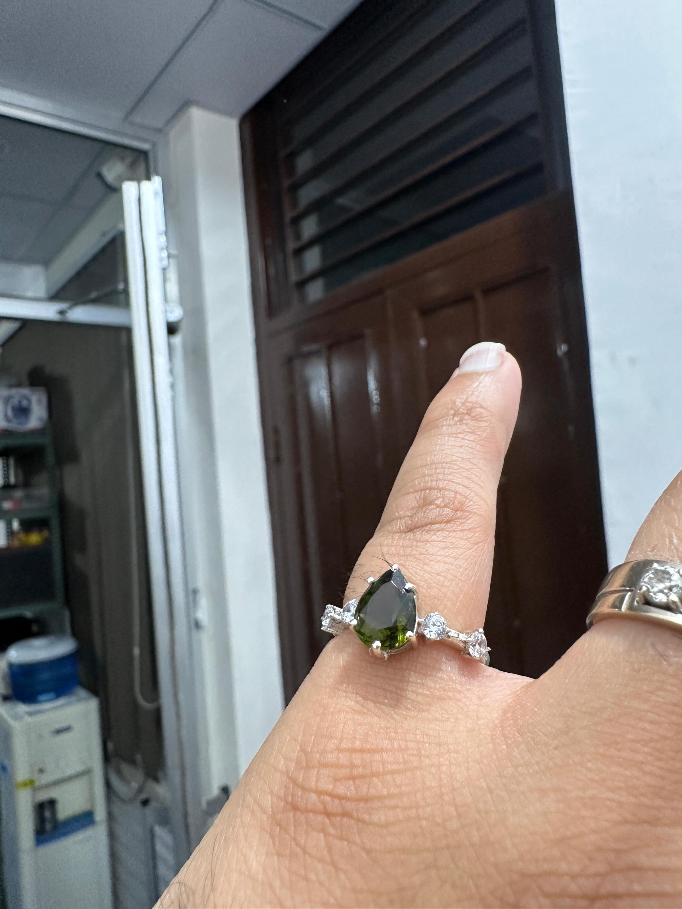 Natural Moldavite Diamond Engagement Ring, 3 CT Pear Cut Green Gemstone Ring, 14K White Gold