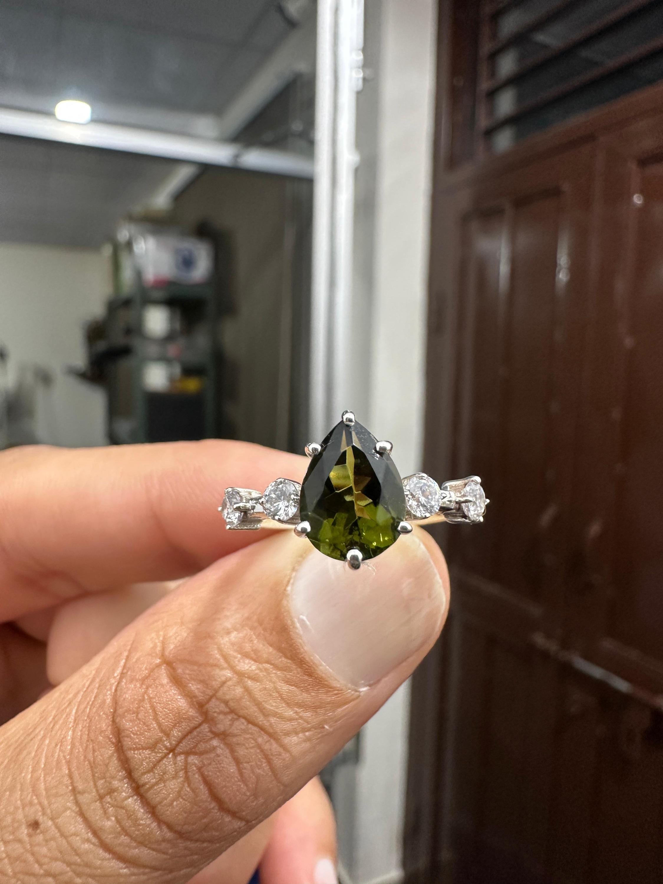Natural Moldavite Diamond Engagement Ring, 3 CT Pear Cut Green Gemstone Ring, 14K White Gold