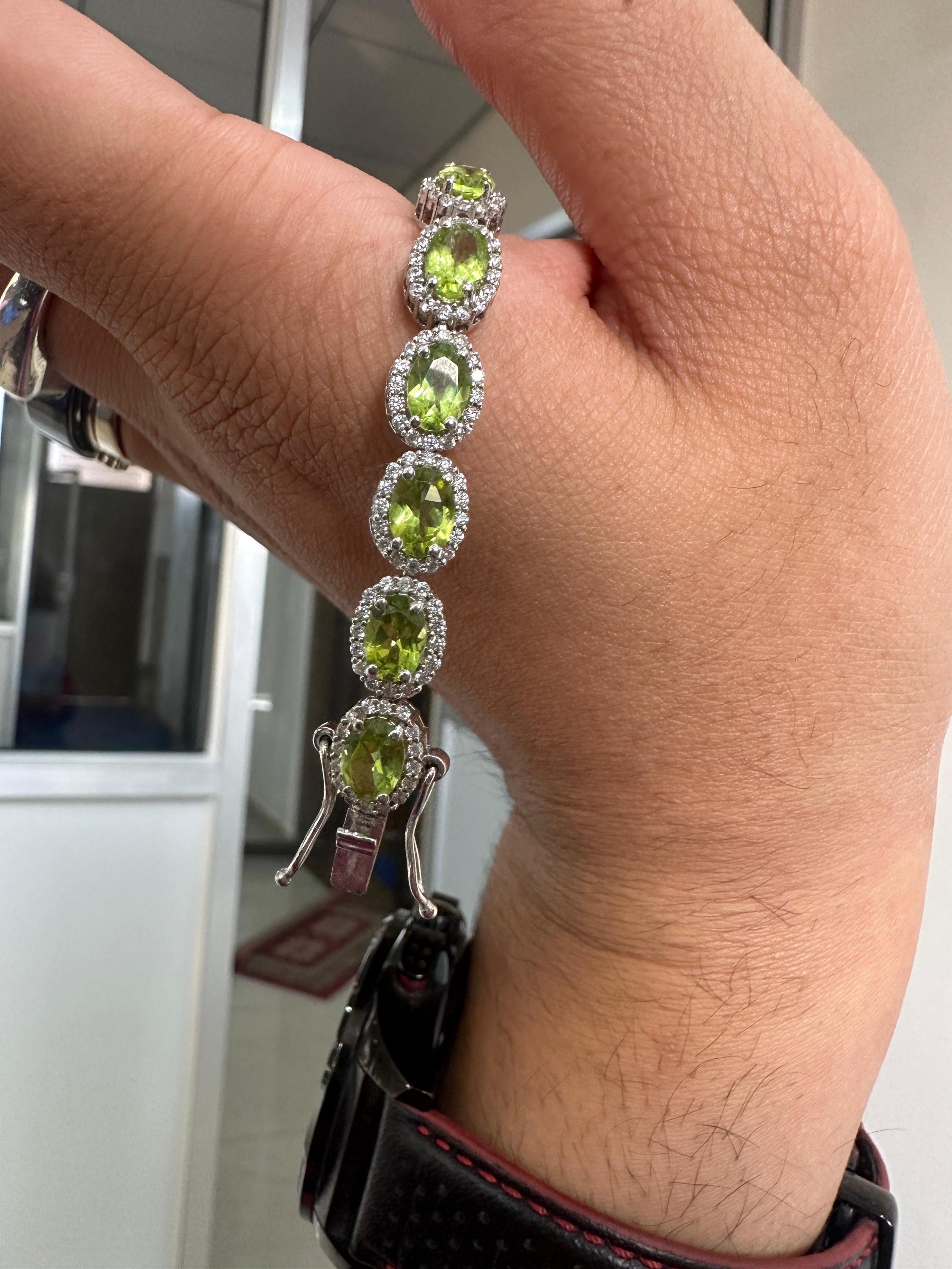 Green Peridot Halo Tennis Bracelet | 925 Sterling Silver, Fine Gemstone Jewelry for gift