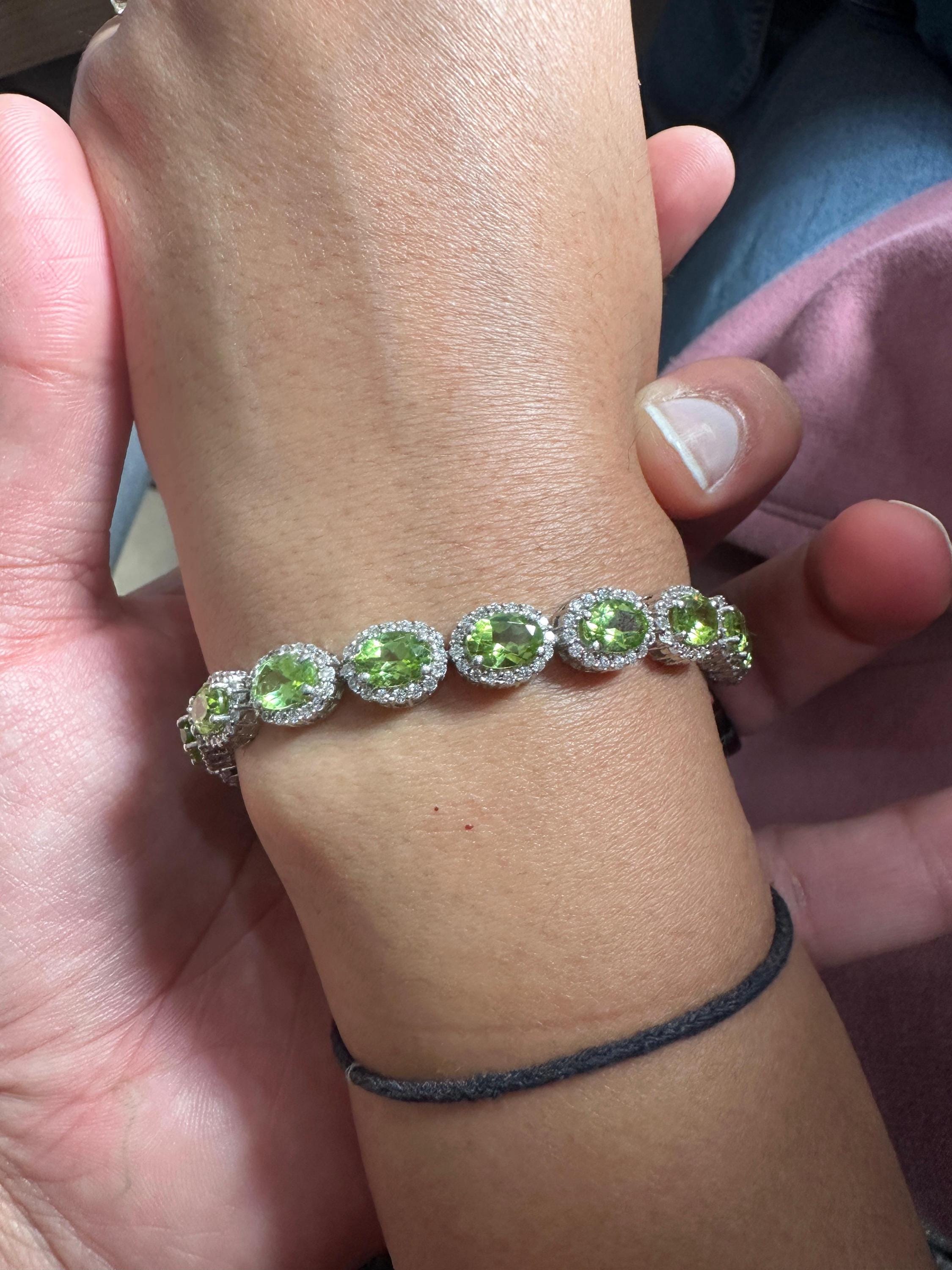 Green Peridot Halo Tennis Bracelet | 925 Sterling Silver, Fine Gemstone Jewelry for gift