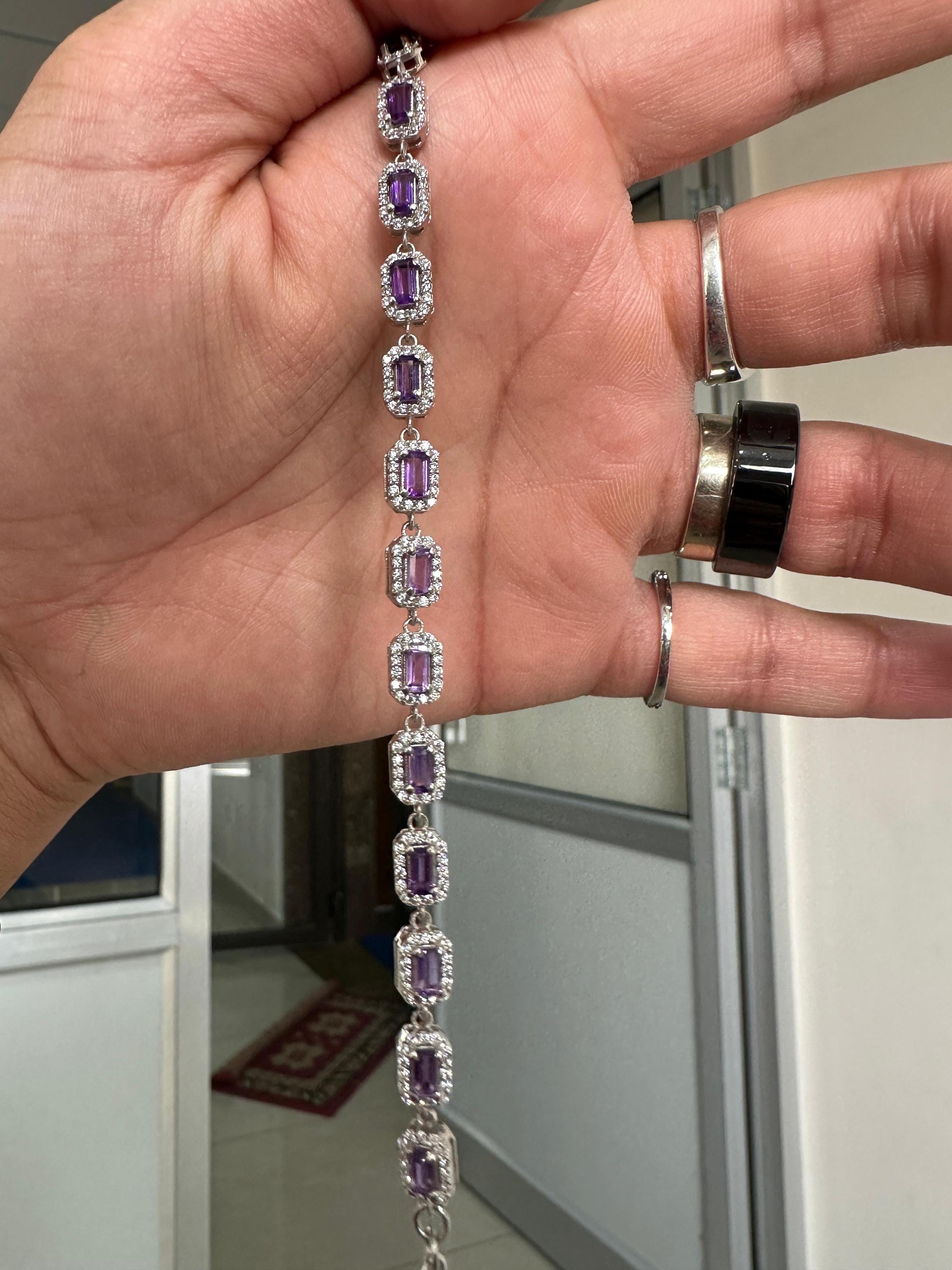 Unique Amethyst Halo Bracelet | 925 Sterling Silver, Fine Jewelry for Gift
