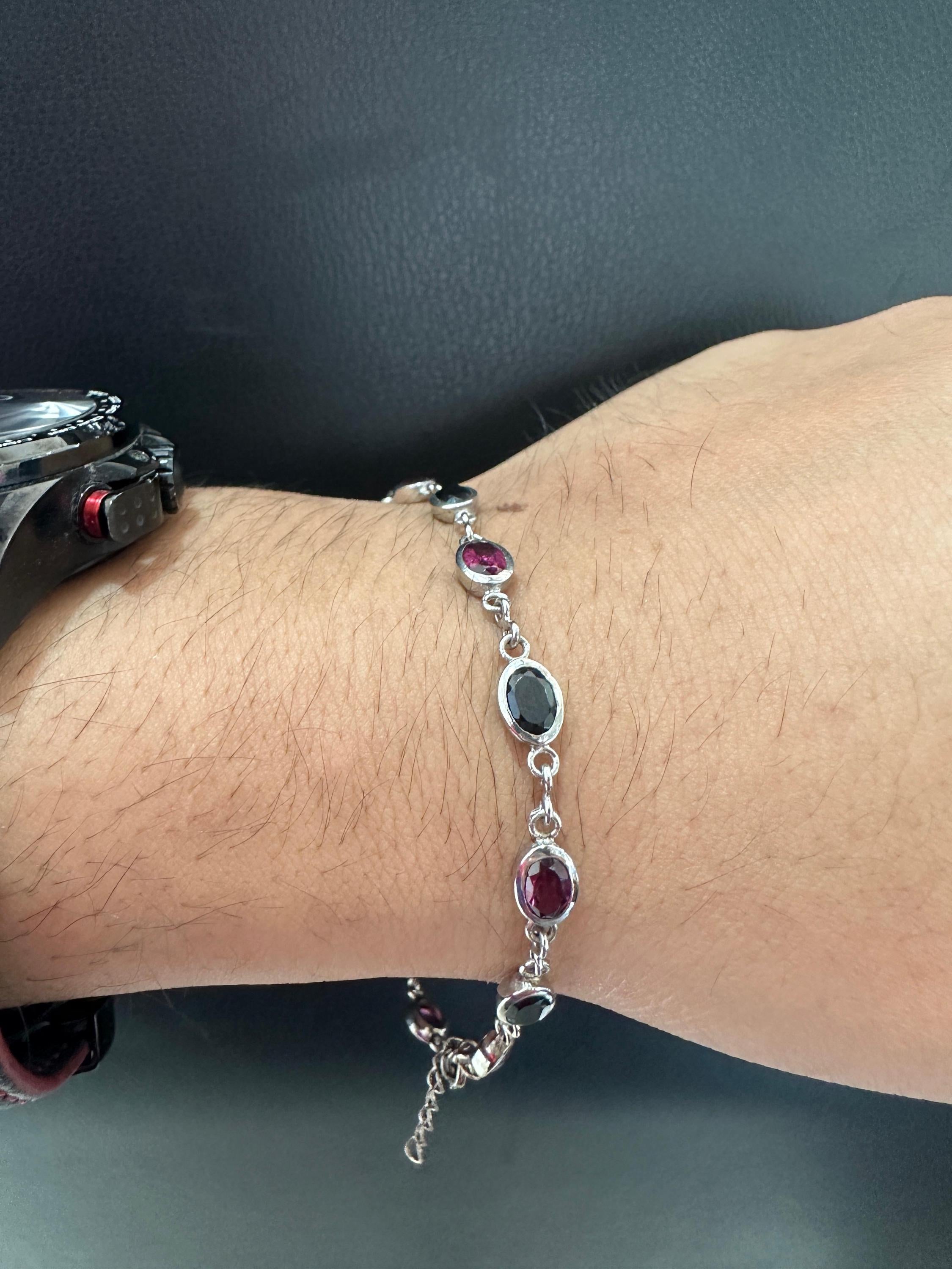 Multi Stone Rhodolite & Black Spinel Bracelet | 925 Sterling Silver, Gift for him