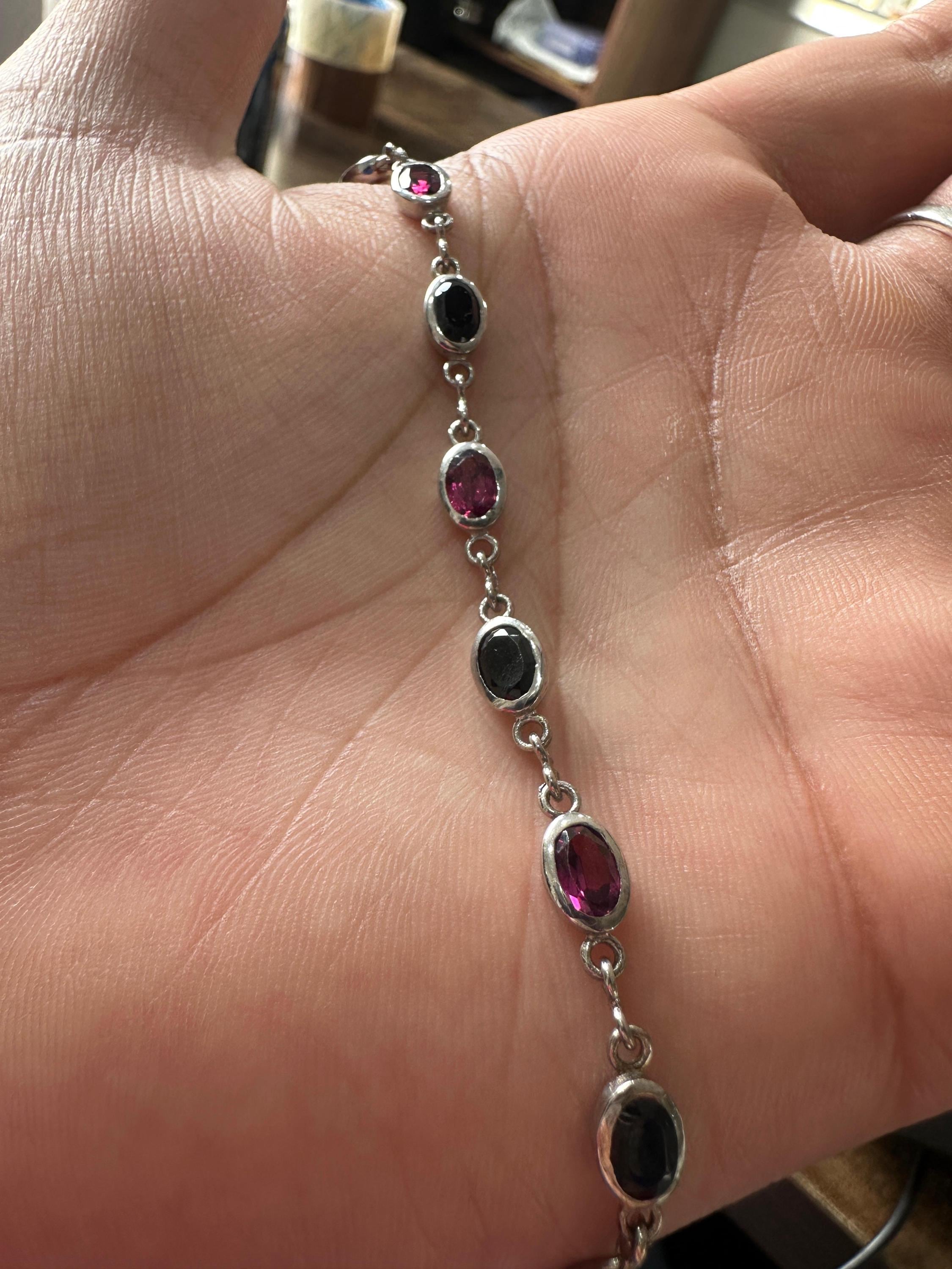 Multi Stone Rhodolite & Black Spinel Bracelet | 925 Sterling Silver, Gift for him