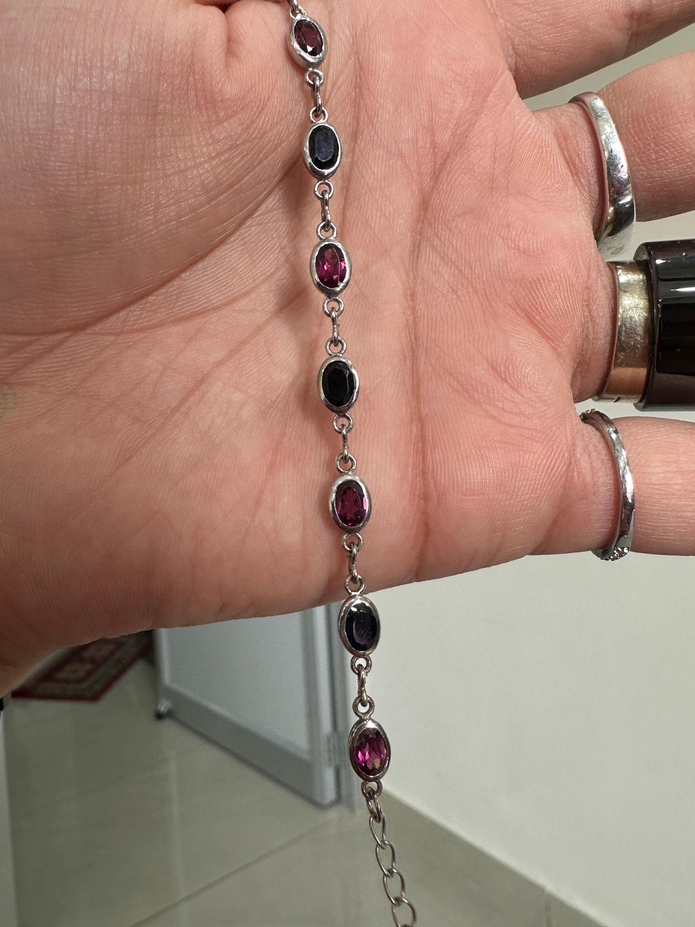 Multi Stone Rhodolite & Black Spinel Bracelet | 925 Sterling Silver, Gift for him